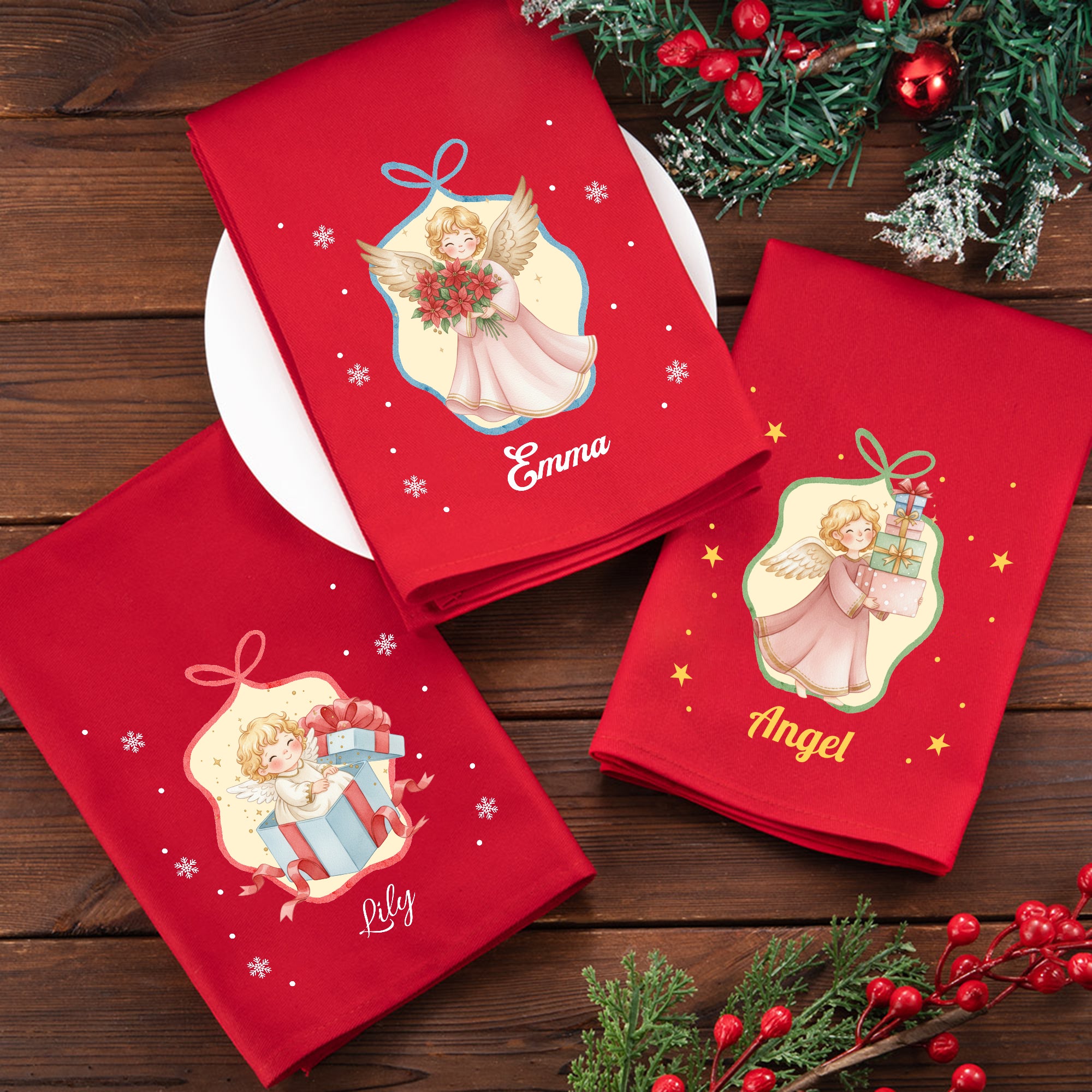 Acuarela Personalizada Ángel de Navidad 100% Algodón Servilleta de tela reutilizable con nombre Decoración festiva de comedor Regalo de Navidad para amigos de la familia