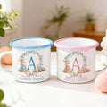 Taza esmaltada personalizada con nombre e inicial de conejo con lazo de acuarela multicolor de 12 oz. Regalo de Pascua de uso diario para niños y niñas