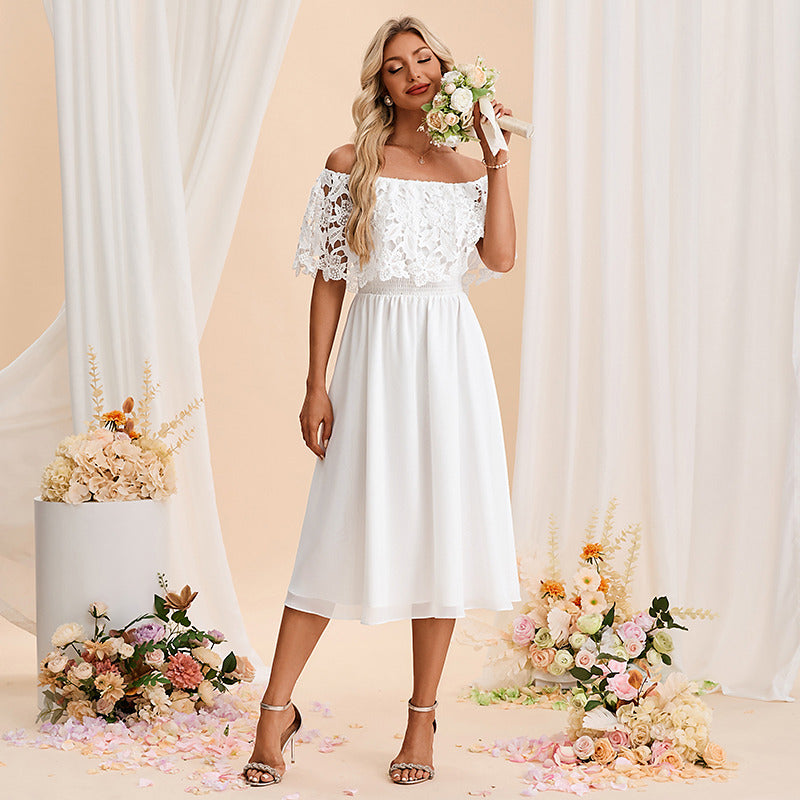 Bridal Wedding Dress White Sleeveless Short Off the Shoulder A-line