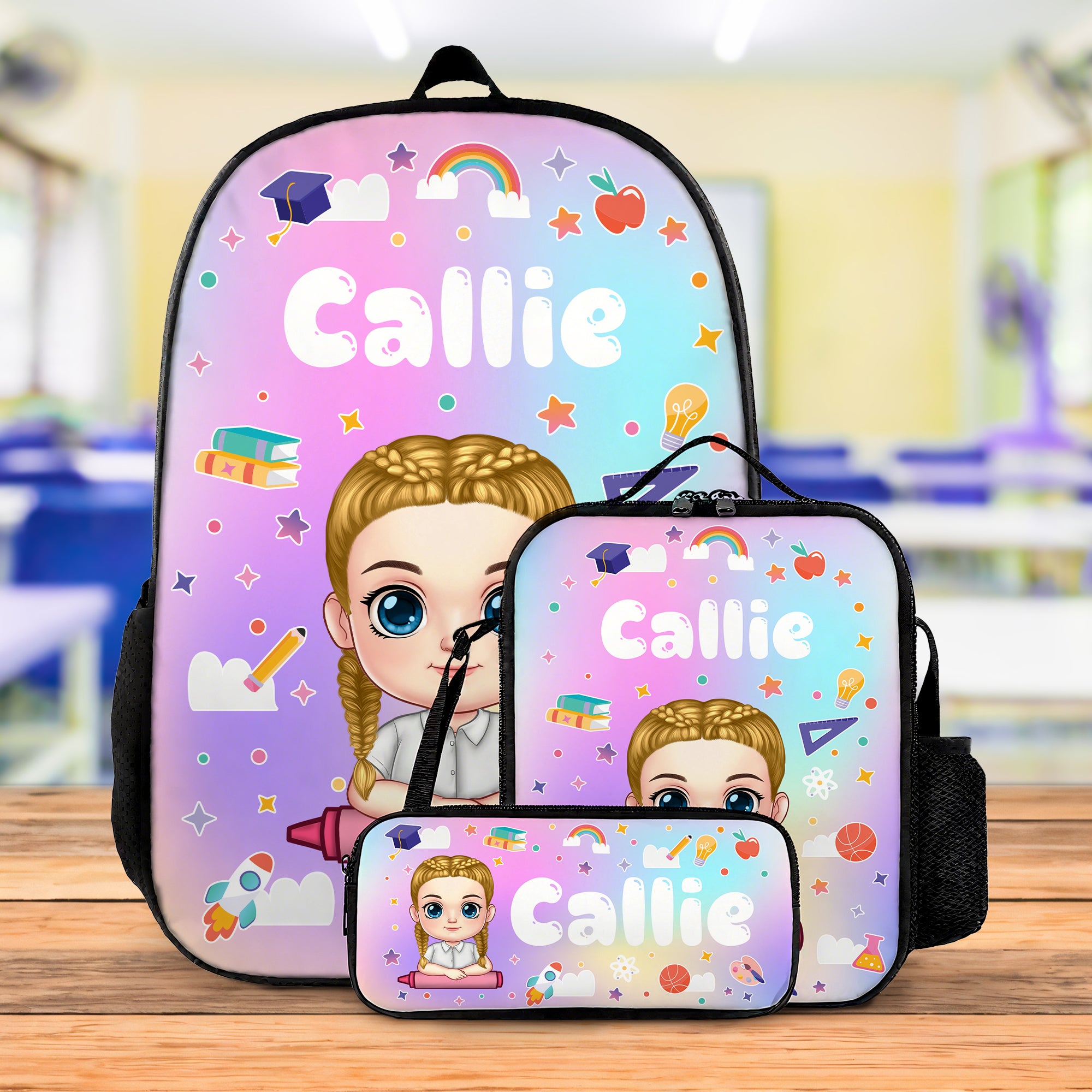 Personalizado Multicolor Arco Iris Libro Cartoon Personaje Mochila Bolsa de almuerzo Estuche con nombre Volver a la escuela Regalo de cumpleaños para niños Niñas