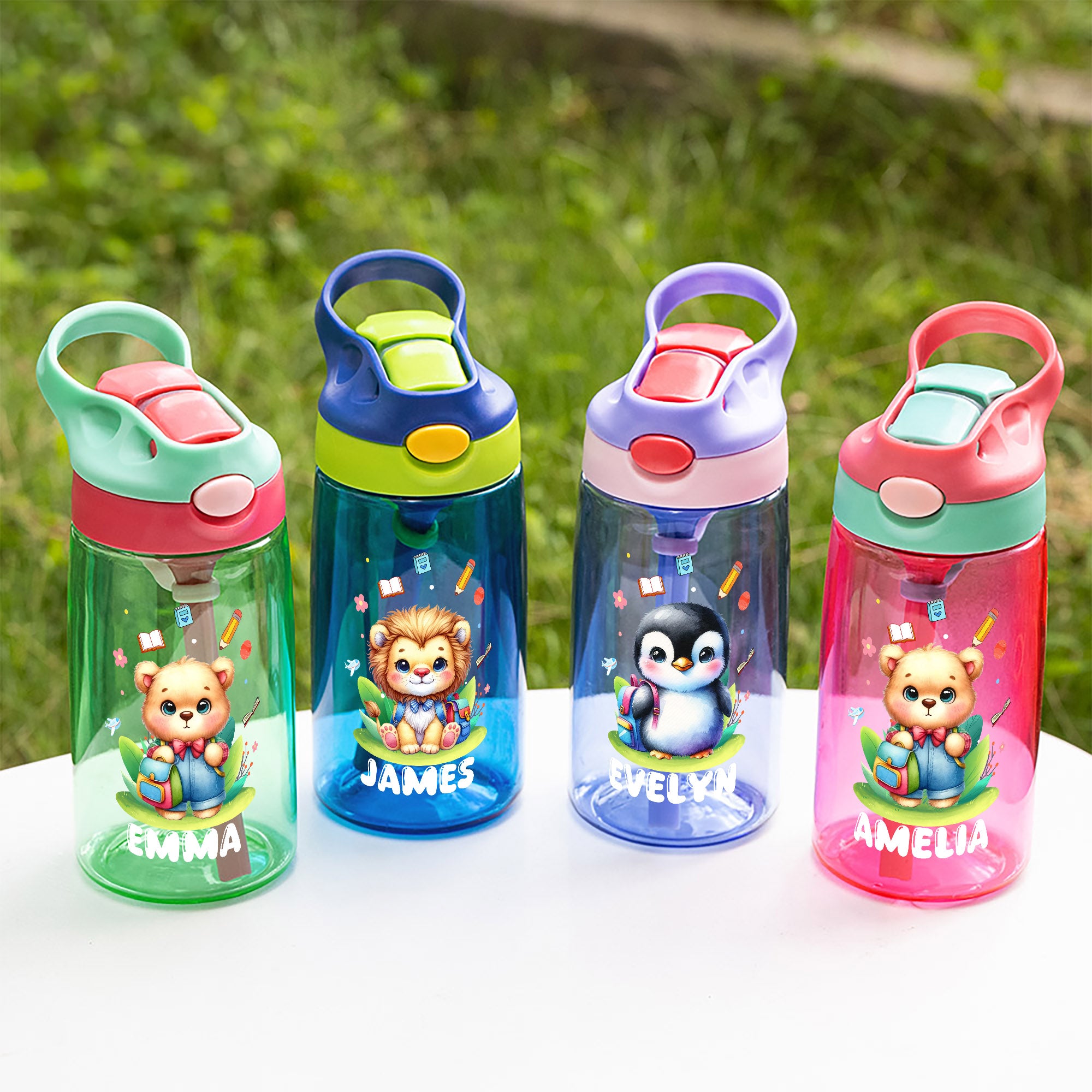 Personalizada de dibujos animados Oso León Animales Nombre 16 oz Botella de agua con pajita y asa Suministros al aire libre Vuelta al cole Cumpleaños Regalo para Niños Niñas