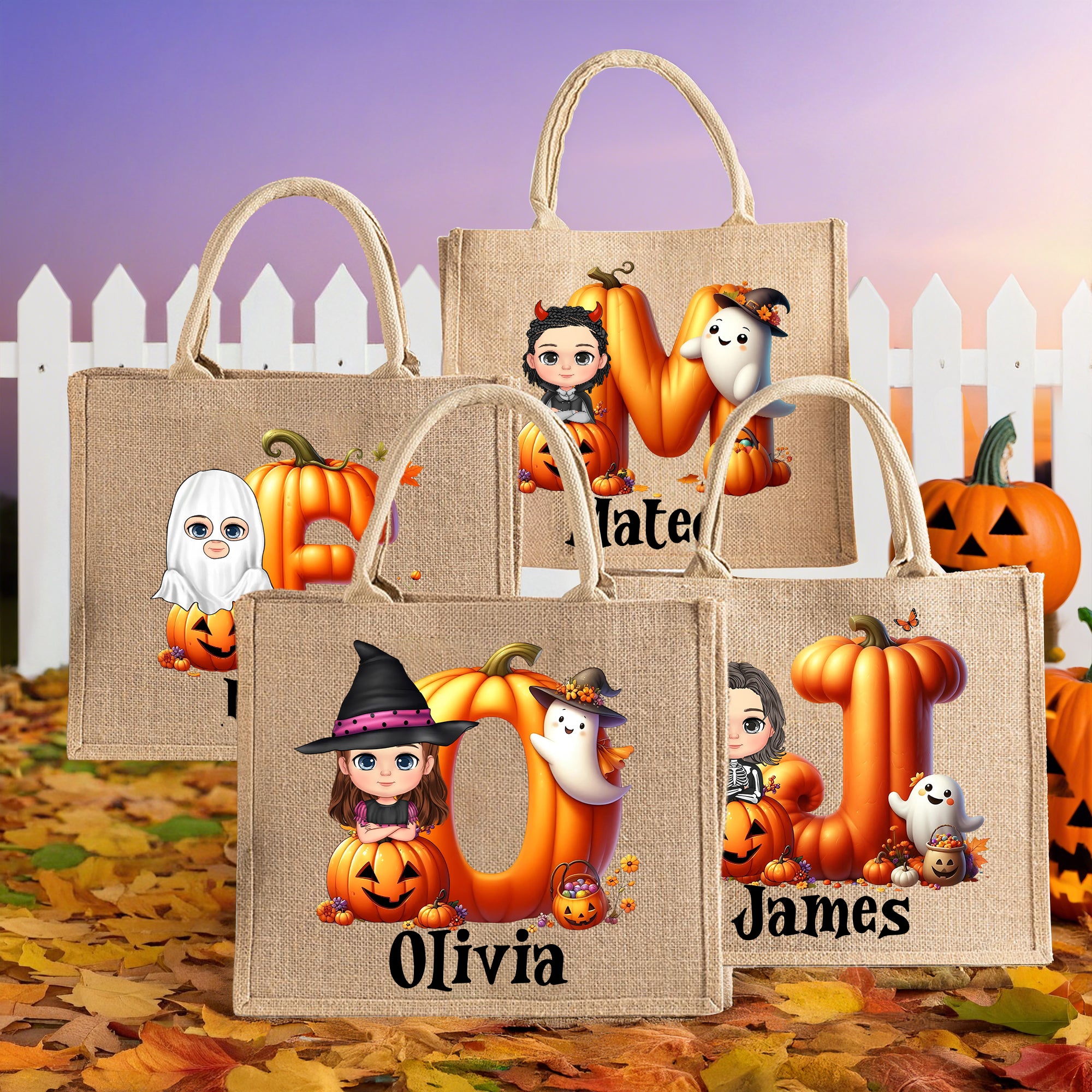 Personaje de dibujos animados calabaza fantasma personalizado Bolsa de yute con inicial y nombre Truco o trato Fiesta de Halloween Regalo para niños Niñas