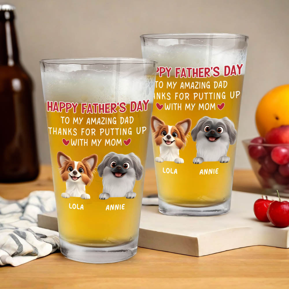 Personalizado 1-4 Lindo 3D Perros de dibujos animados 16 oz claro vaso de cerveza con nombre Día del Padre Cumpleaños Aniversario Regalo para el perro Papá amantes de la cerveza