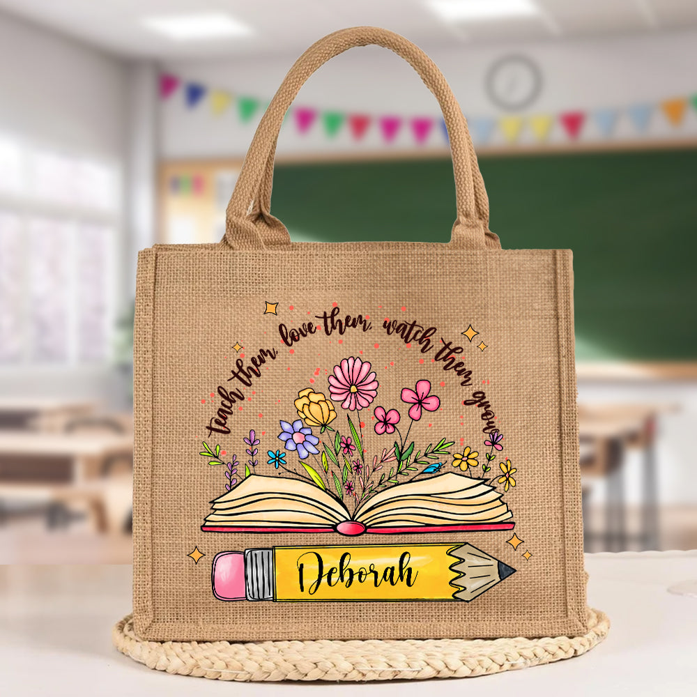 Libro de lápices personalizado Flores Bolsa de yute con nombre Gran almacenaje Accesorio de viaje Fiesta Regalo de cumpleaños para mujer