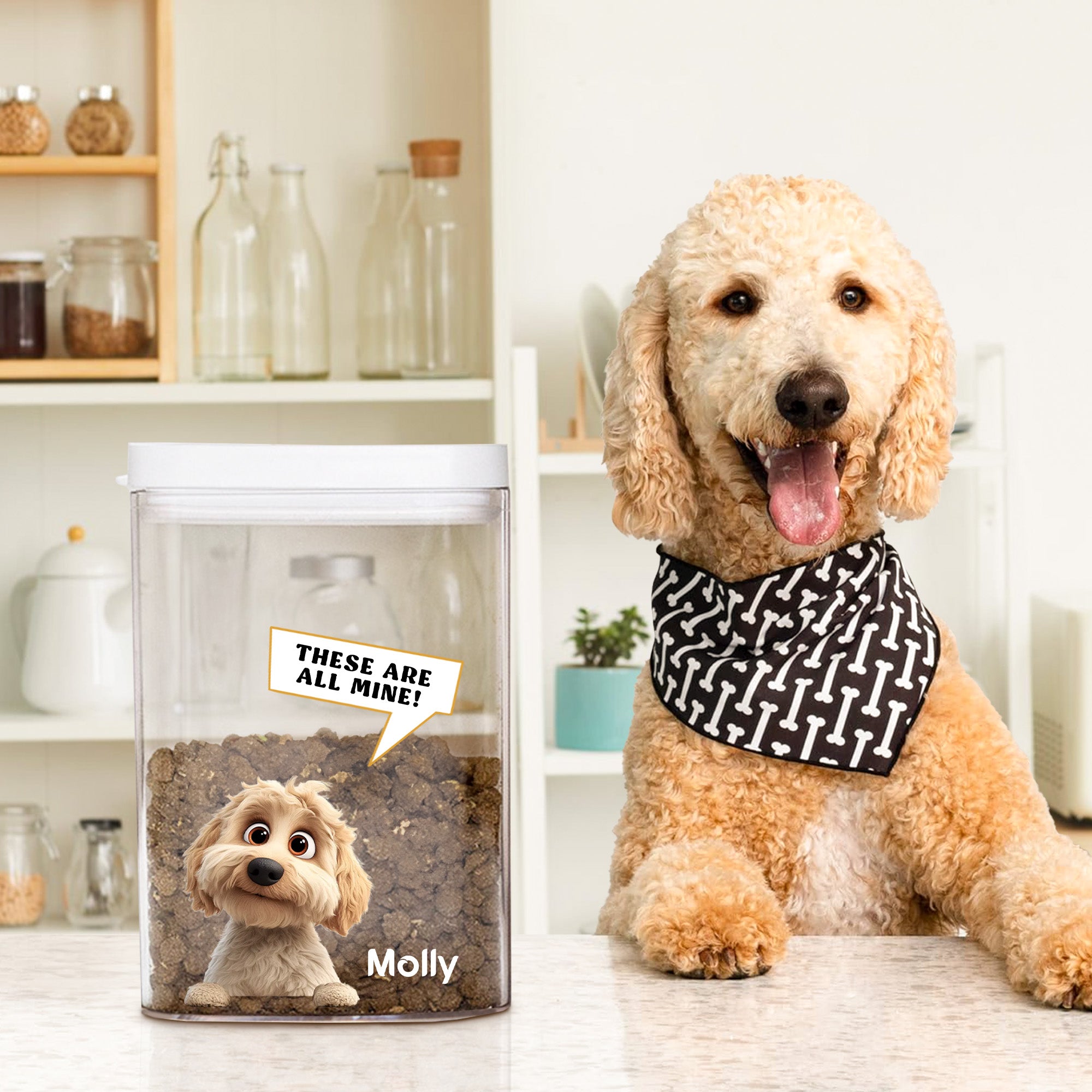 Bote de comida para mascotas con tapa personalizado en 3D con dibujos animados para perros y gatos Regalo de cumpleaños para dueños de mascotas