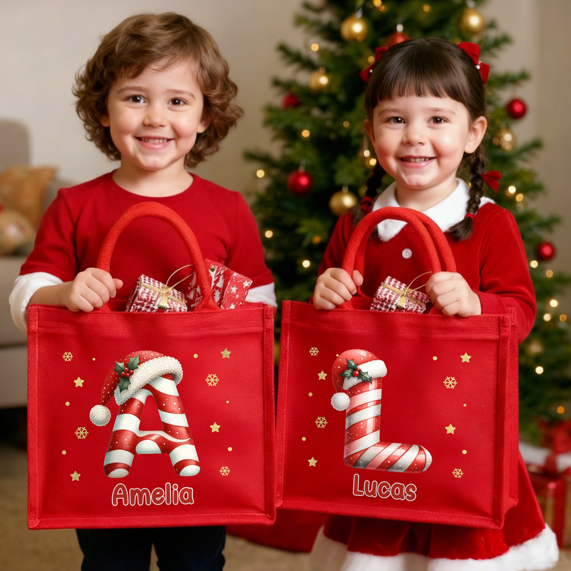 Personalizado Santa Claus estilo bastón de caramelo Iniciales Bolsa de yute grande con nombre Uso diario Regalo de Navidad para la familia Amigos