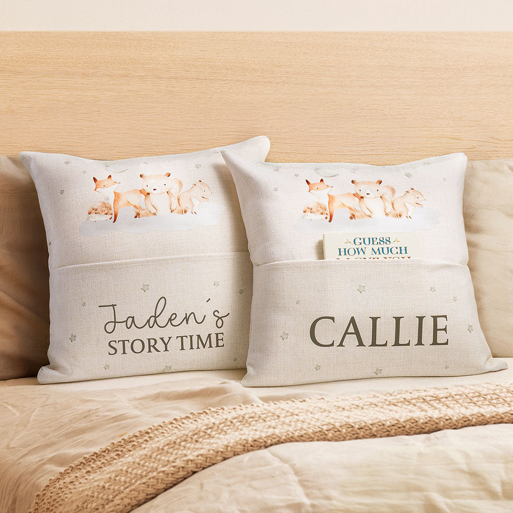 Cojín personalizado de animales del bosque con nombre y bolsillo para libro Decoración de guardería Baby Shower Regalo de cumpleaños para niñas Niños
