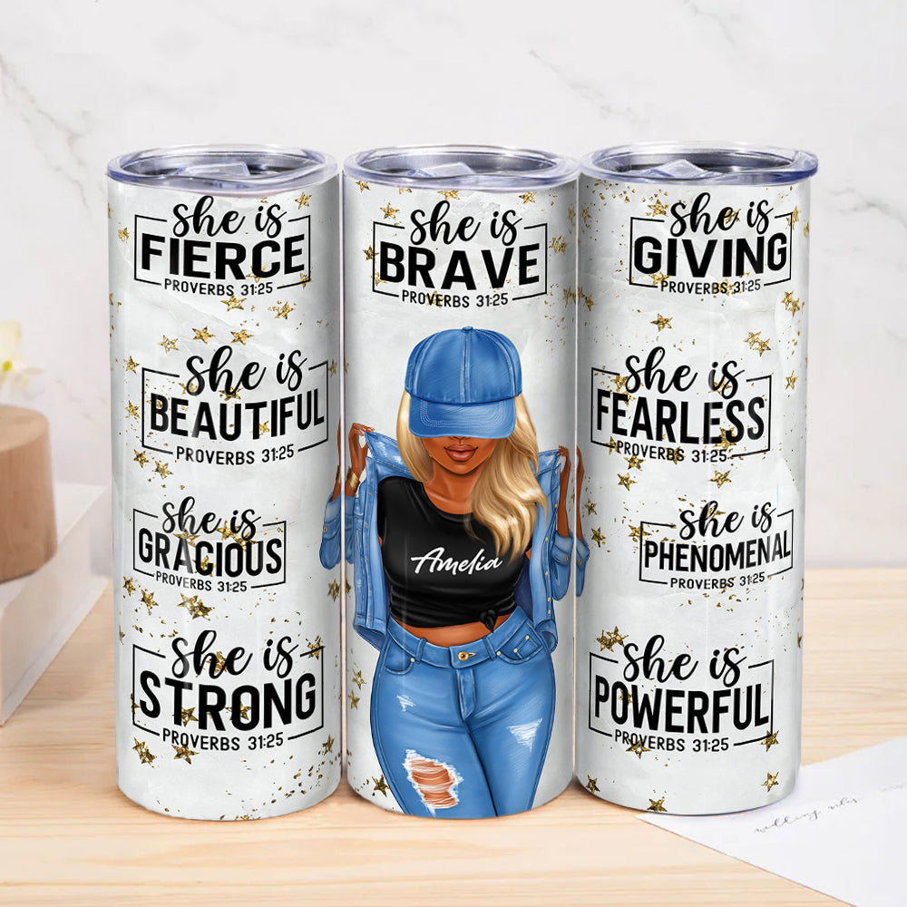 Personalizado She Is Brave Positive Quotes Cartoon Girl 20 oz Name Skinny Tumbler with Lid Straw Affirmation Anniversary Birthday Gift for Women Girls