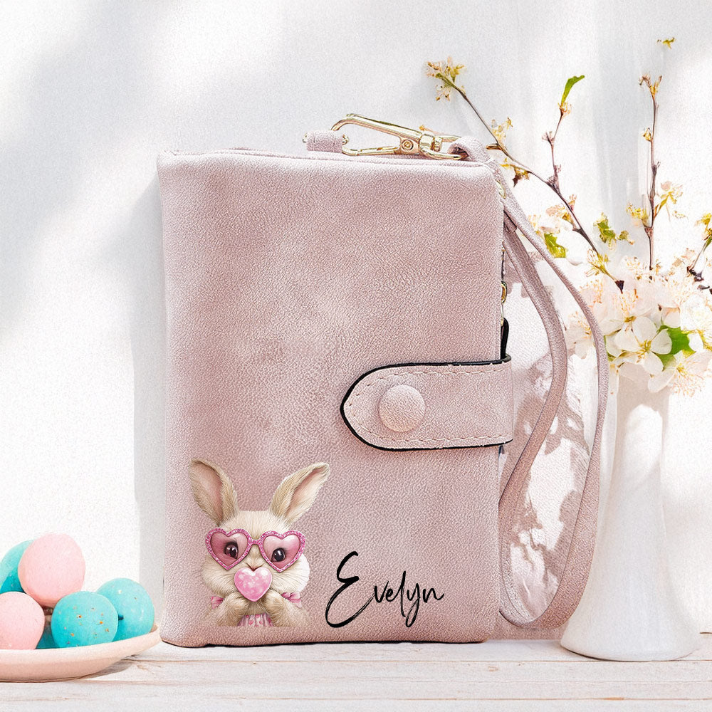 Conejito de Pascua personalizado Bubble Blowing Billetera de cuero de tres pliegues con nombre y titular de la tarjeta de Pascua regalo de cumpleaños para ella