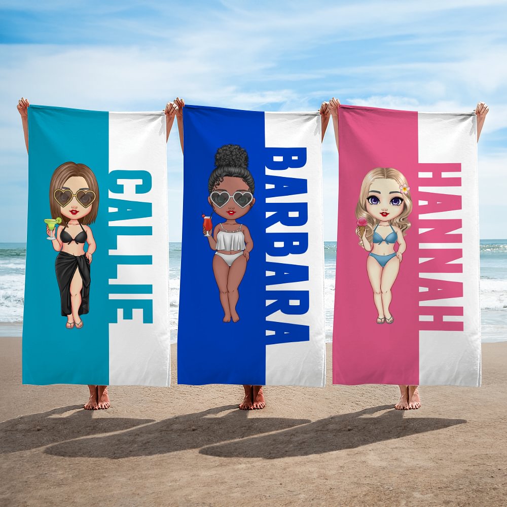 Toalla de playa de secado rápido personalizada con el nombre de un personaje multicolor de dibujos animados, esencial para viajar, regalo de verano, vacaciones y cumpleaños para la familia y los amigo