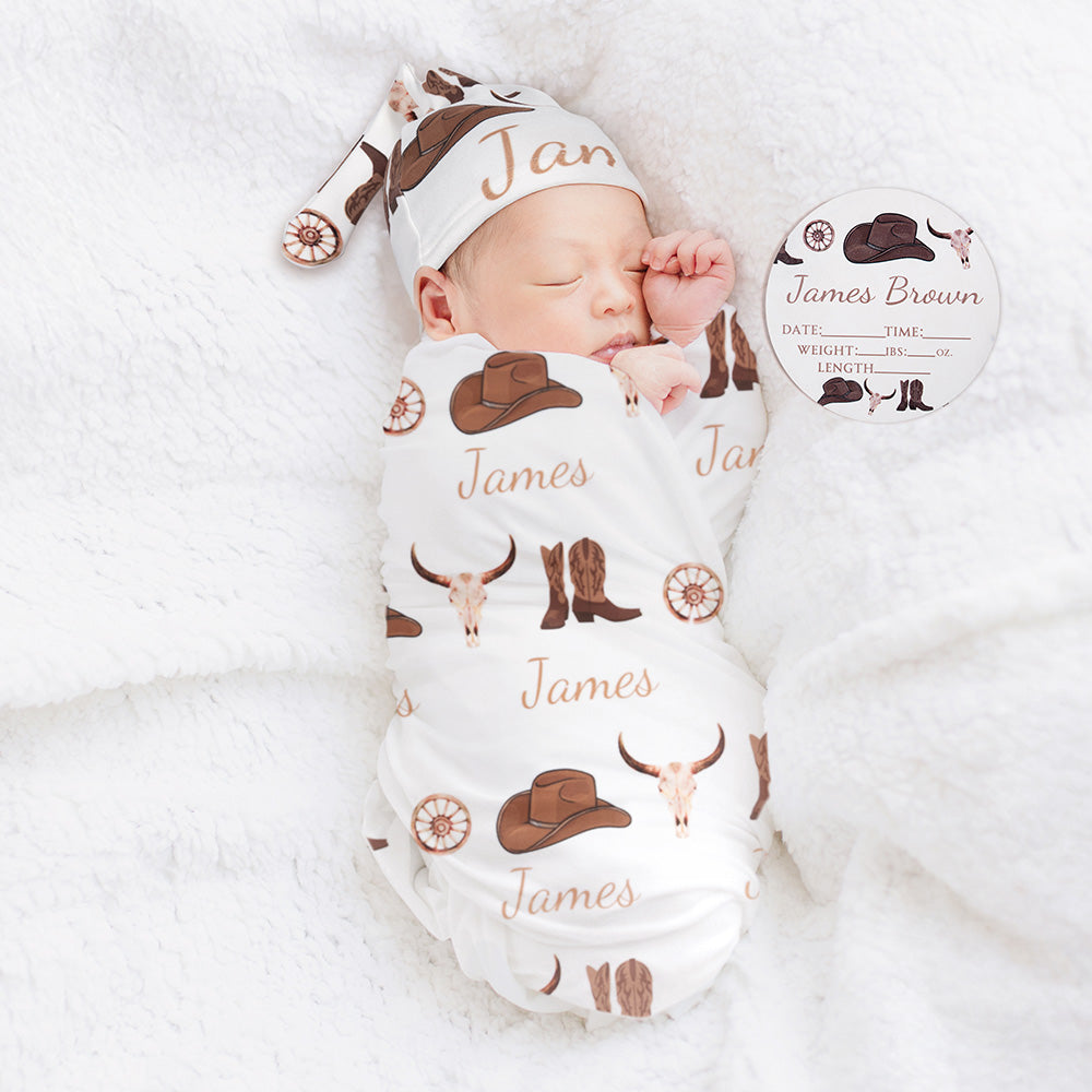 Sombrero y botas de vaquero personalizados Suave bebé Swaddle Hat Bow Headband Set con nombre Coming Home Outfit Baby Shower Birthday Gift for Newborns