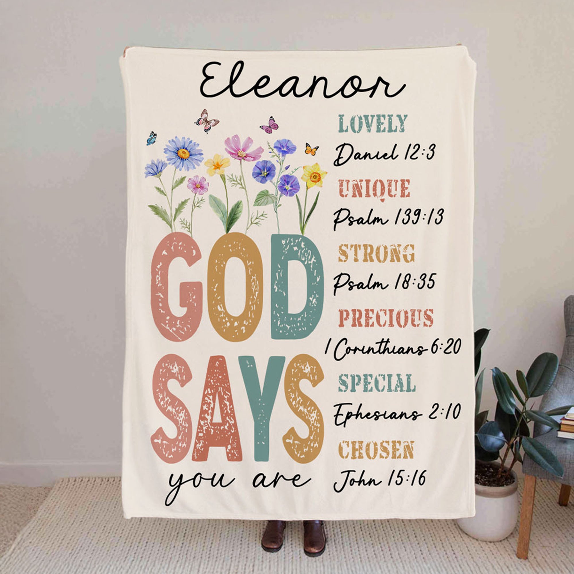 Personalizado Dios Dice Flor Biblia Suave manta con nombre Decoración del hogar Regalo de Navidad para Niños Cristianos Familias