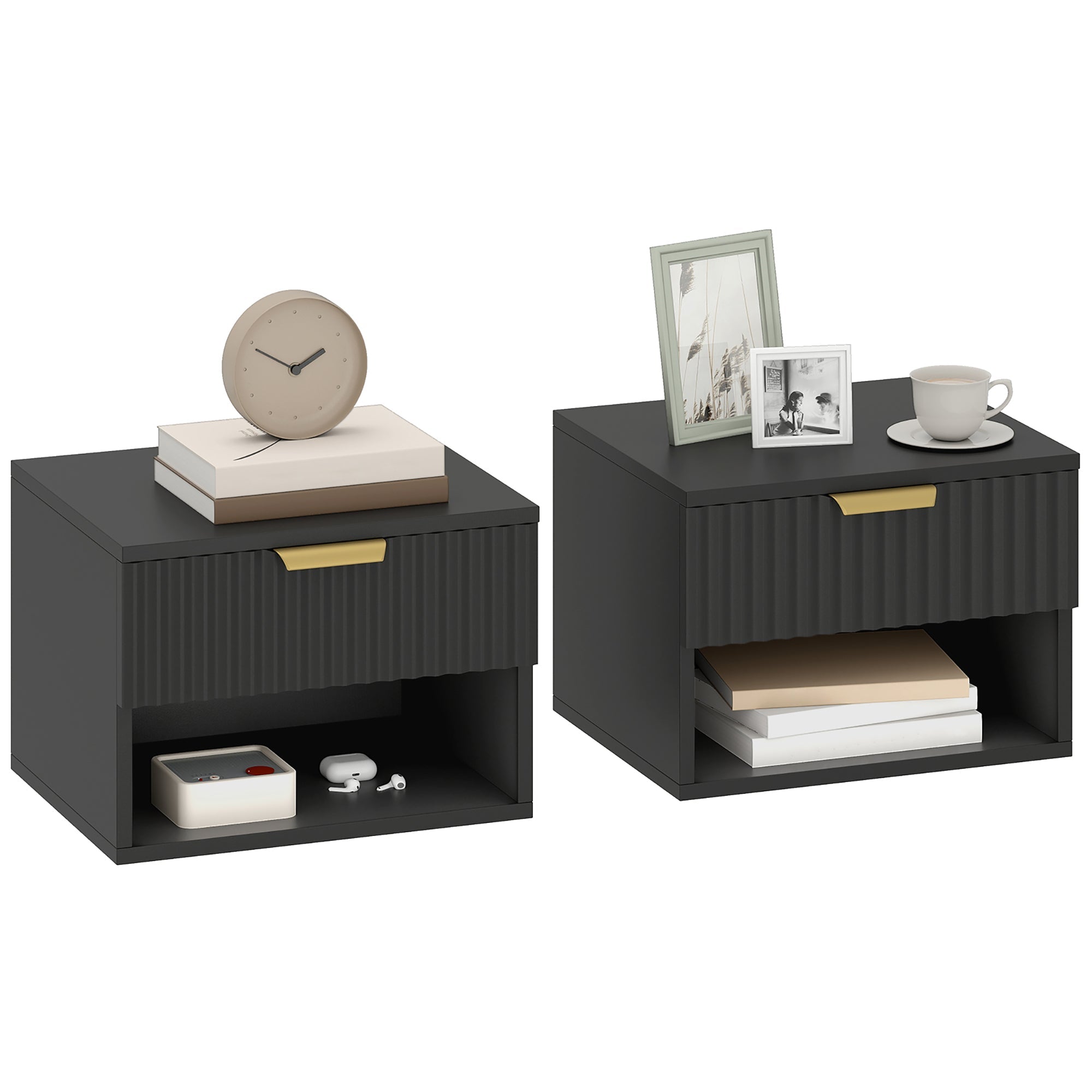 Floating Nightstands Set of 2 with Fluted Drawer & Open Shelf for Bedroom, Black