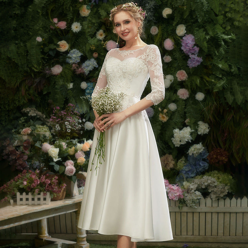 Bridal Wedding Dress Ivory 1 2 Sleeve Short Illusion A-line