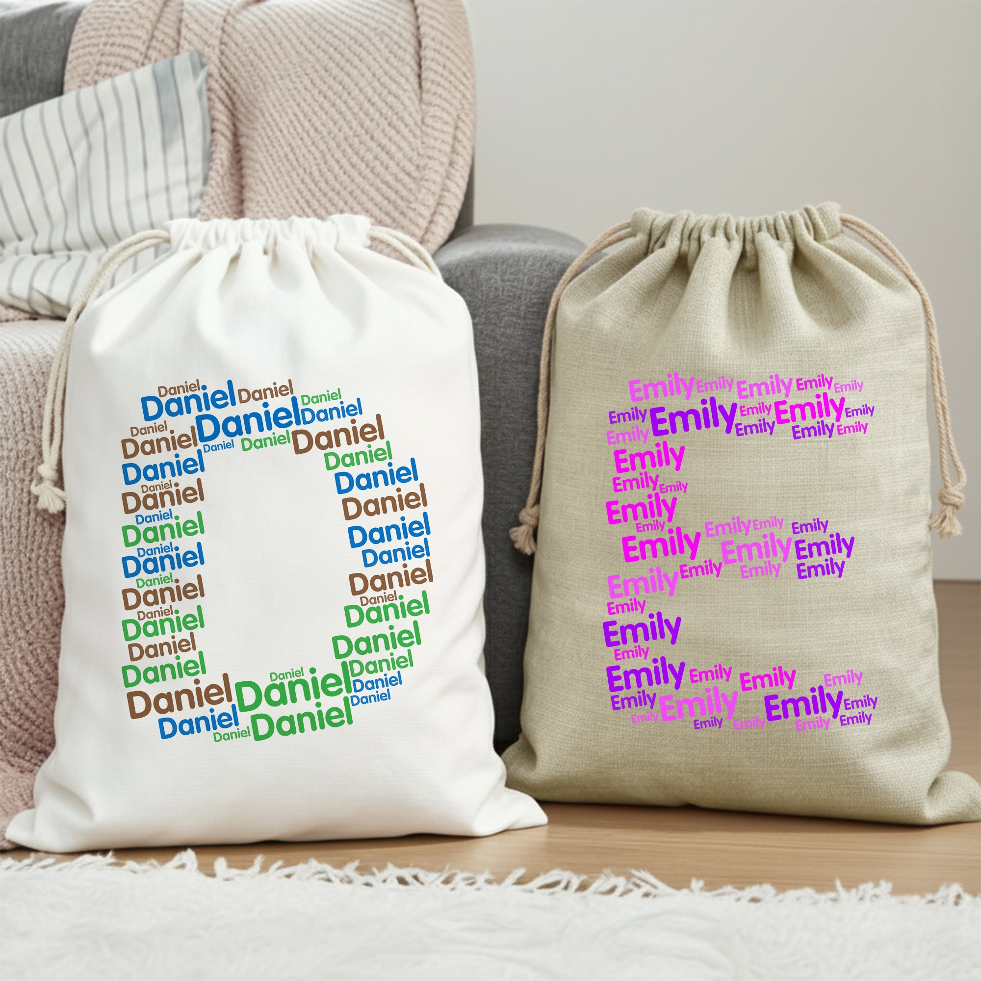 Nube de palabras personalizada con iniciales Bolsa de regalo grande con cordón y nombre Uso diario Vacaciones Navidad Regalo para la familia Amigos