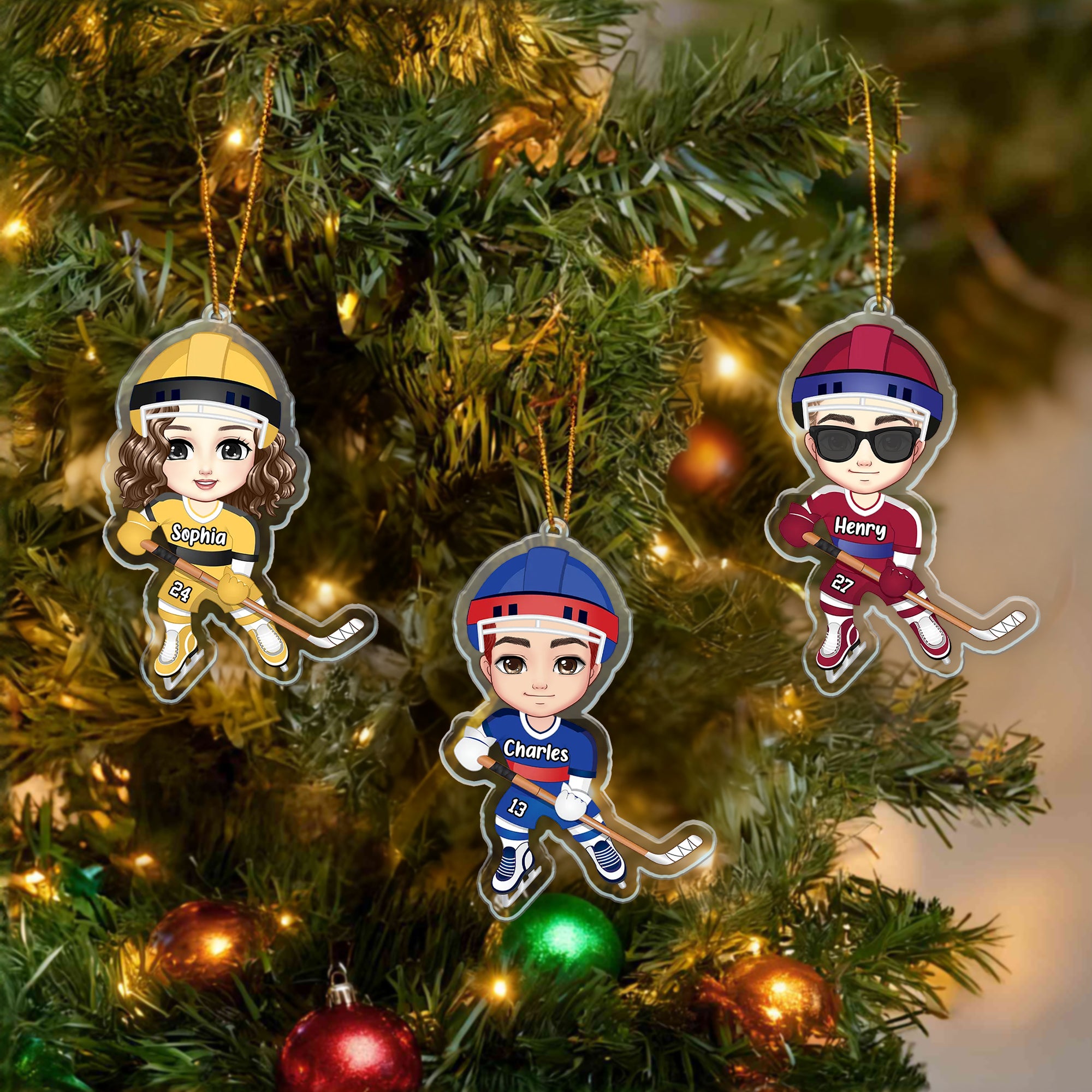 Hockey Hielo Personalizado Deportes Caricatura Personaje Acrílico Ornamento con Nombre y Número Decoración para el Árbol de Casa Regalo de Navidad para Jugador de Hockey Hielo
