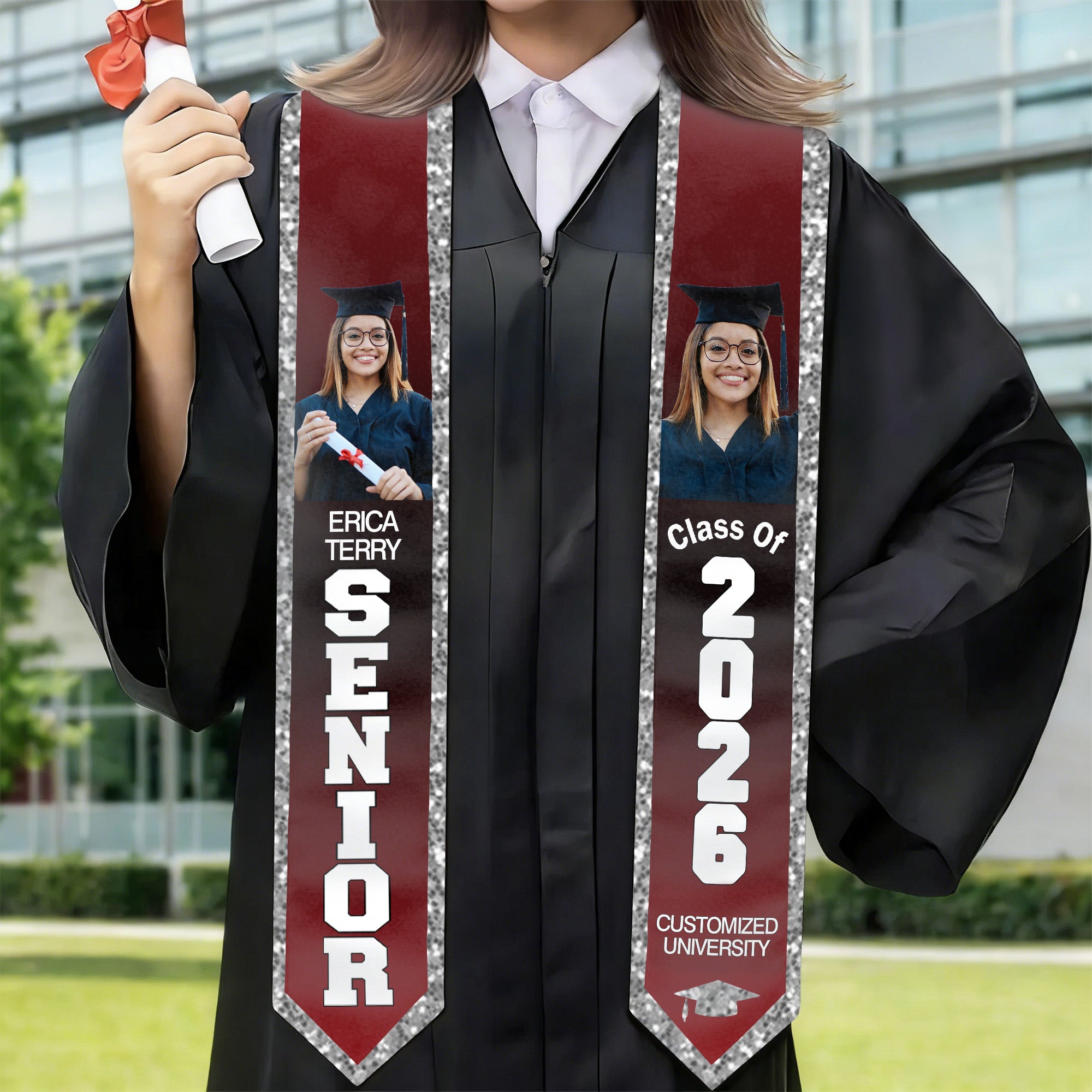 Fajín de graduación personalizado con foto y purpurina multicolor con nombre y año Regalo de graduación para graduados de la promoción 2026