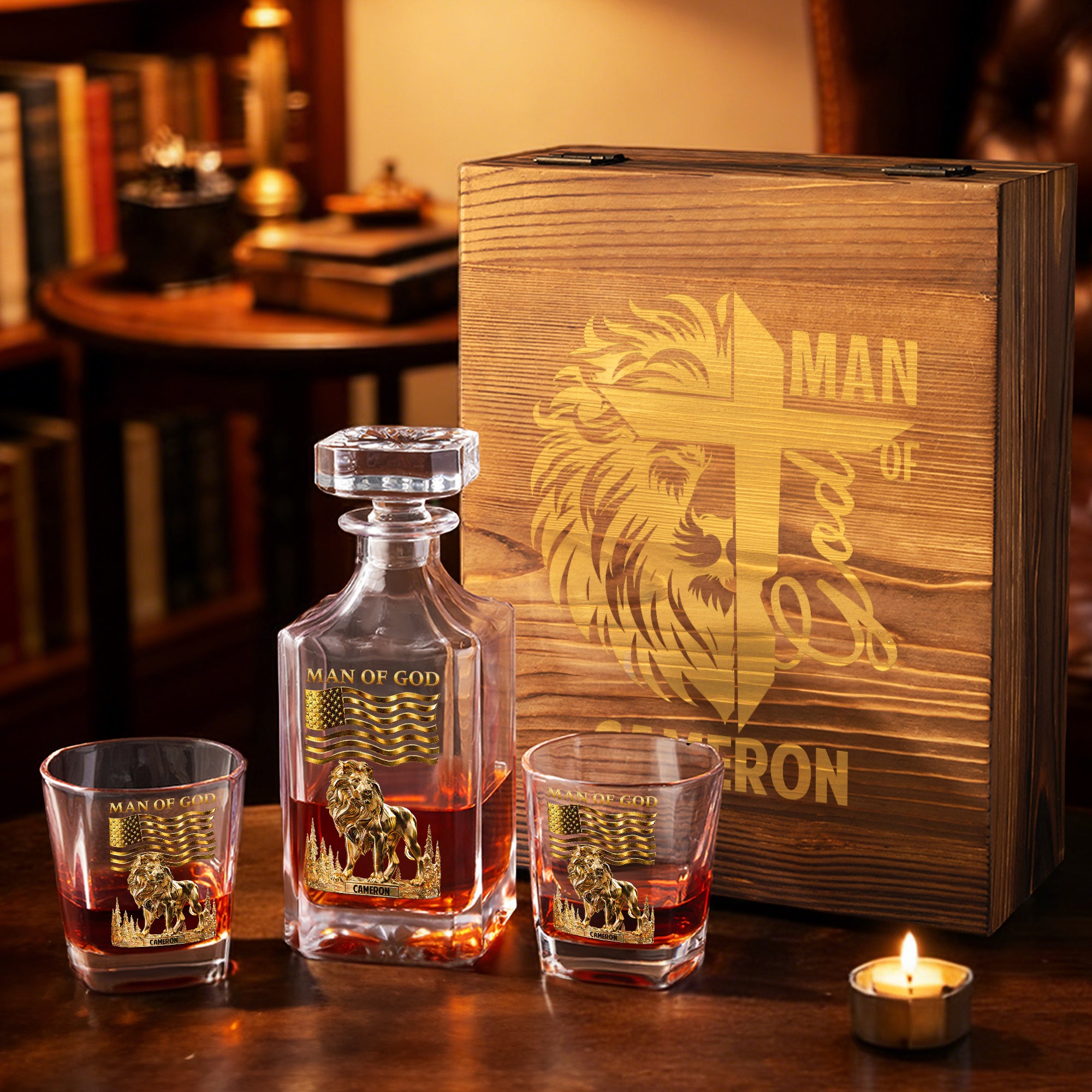 Decantador de Whisky Personalizado con la Bandera Americana de León 2 Copas con Nombre Cumpleaños Aniversario Día del Padre Regalo para Hombres Amigos