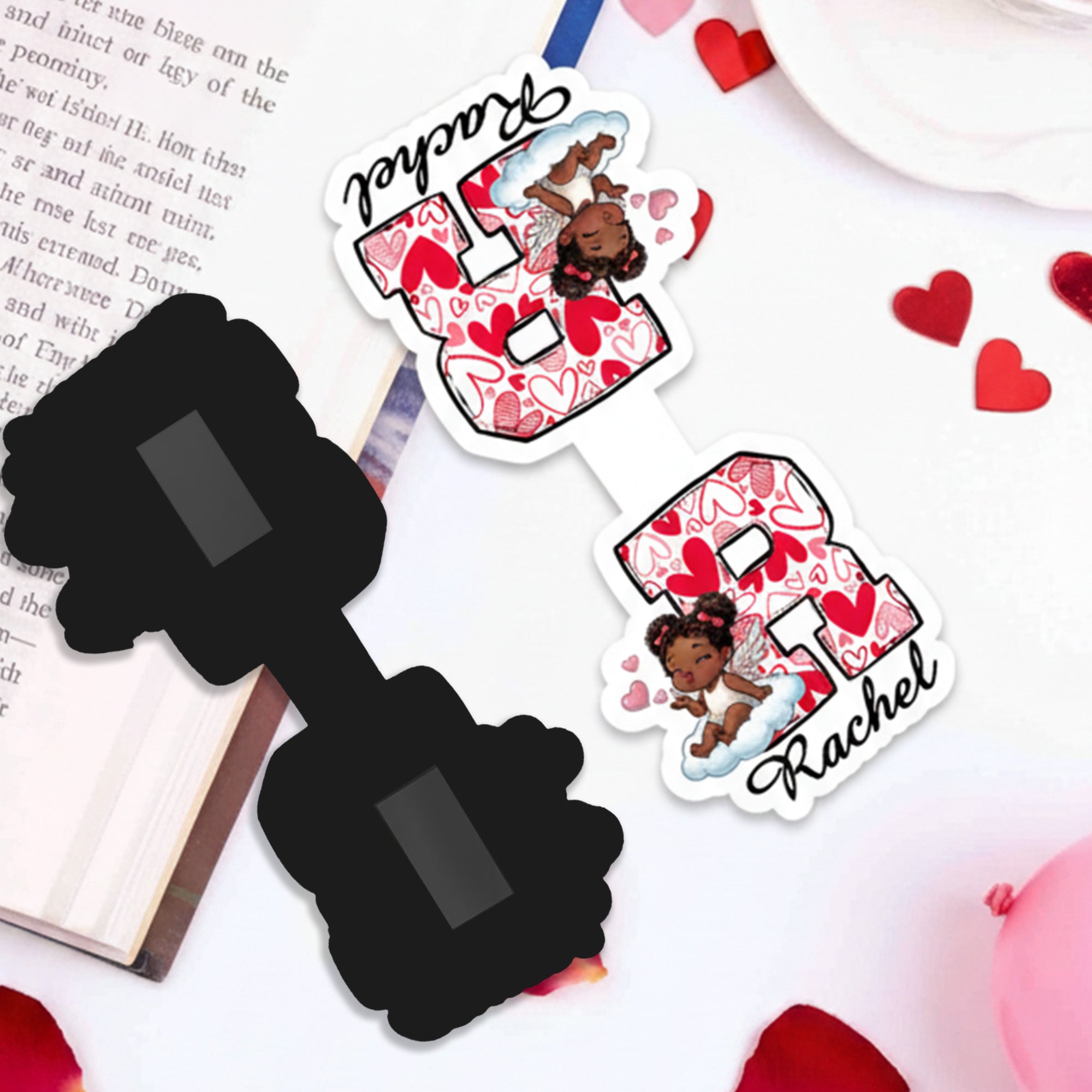 Personalizado Dulce Cupido Ángel Rosa Corazón Marcapáginas magnético Clip con inicial y nombre Día de San Valentín Aniversario Cumpleaños Regalo para Pareja Amante de los Libros