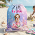 Bolsa de cordón personalizada con nombre de sirena de dibujos animados Regalo de cumpleaños de vacaciones de verano para niñas