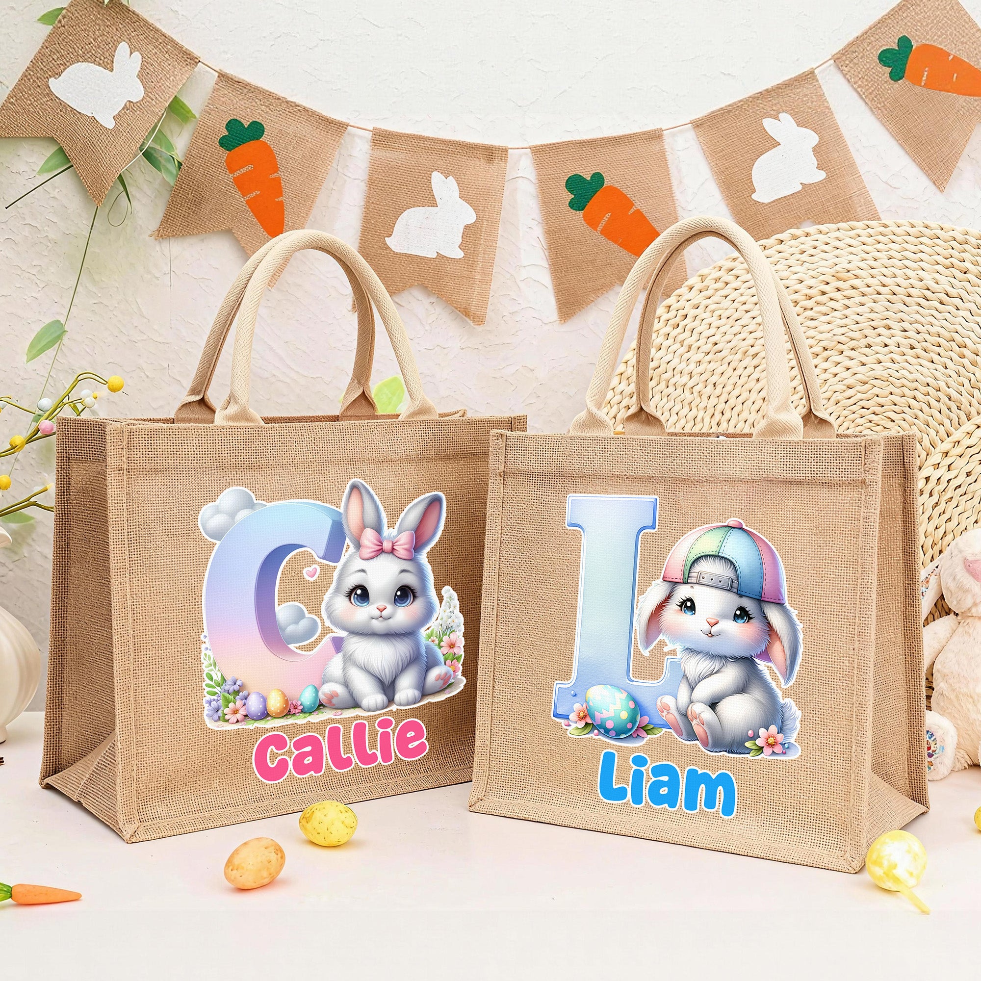 Conejito de Pascua Personalizado Huevos de Pascua Bolsa de Yute con Inicial y Nombre Huevo de Caza Accesorios de Pascua Fiesta para Niños Niñas