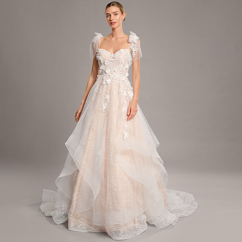 Bridal Wedding Dress Ivory-Nude Sleeveless Long Sweetheart A-line Lace