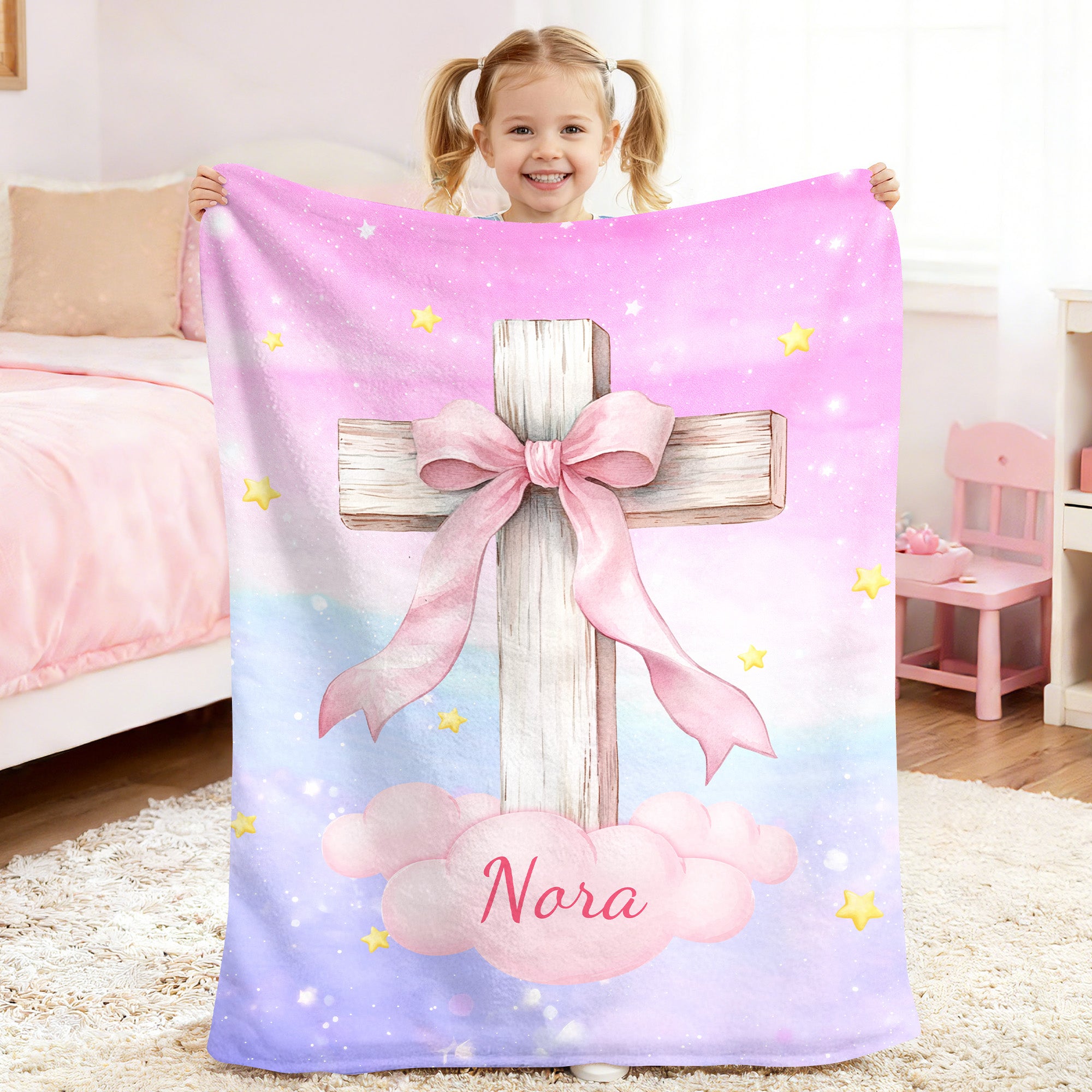 Cruz con lazo personalizada Suave manta con nombre Decoración del hogar Bautizo Cumpleaños Regalo para niños