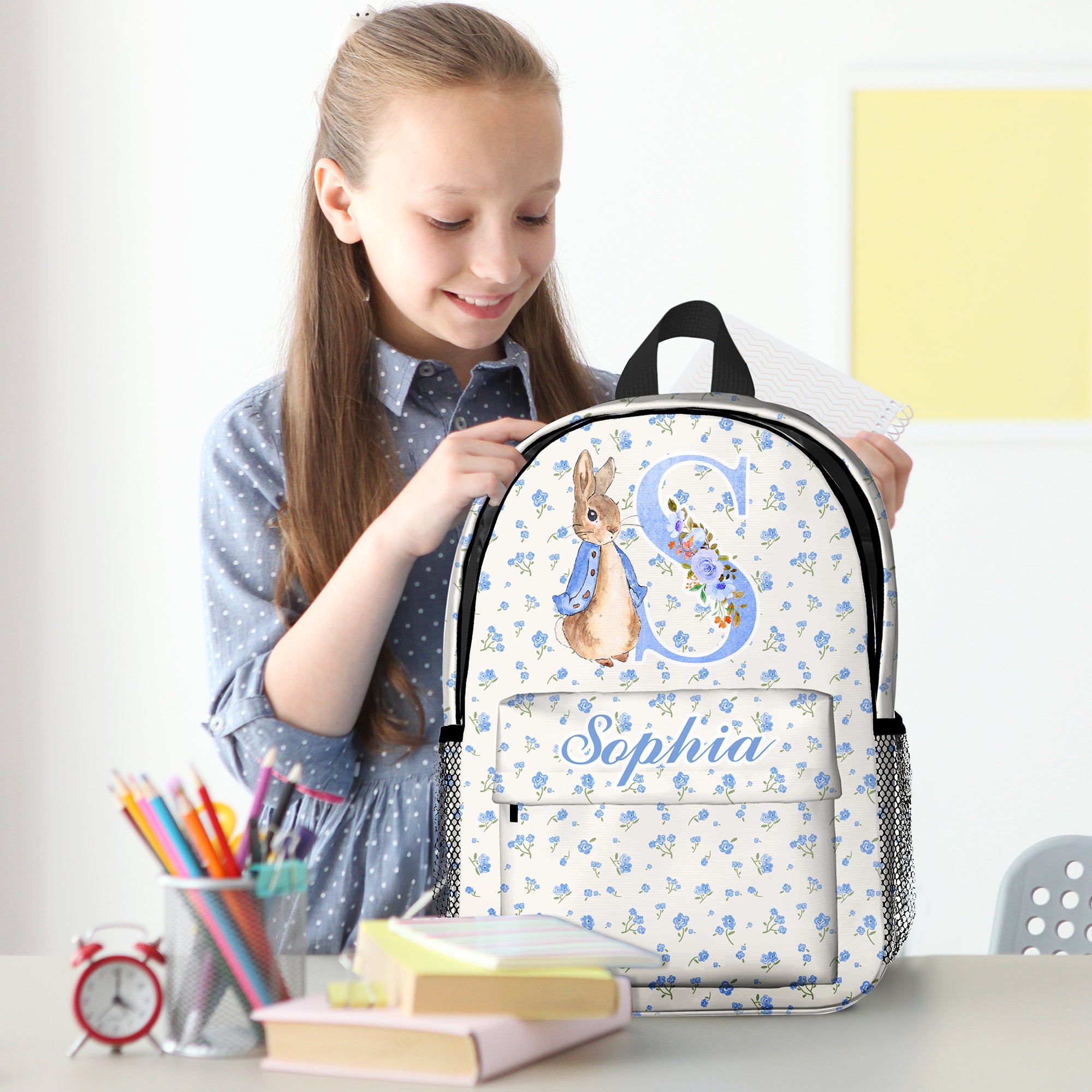 Personalizada Peter Rabbit Coquette Lazo Flor Inicial Mochila escolar de gran capacidad con nombre Viaje diario Vuelta al cole Regalo de cumpleaños para niños
