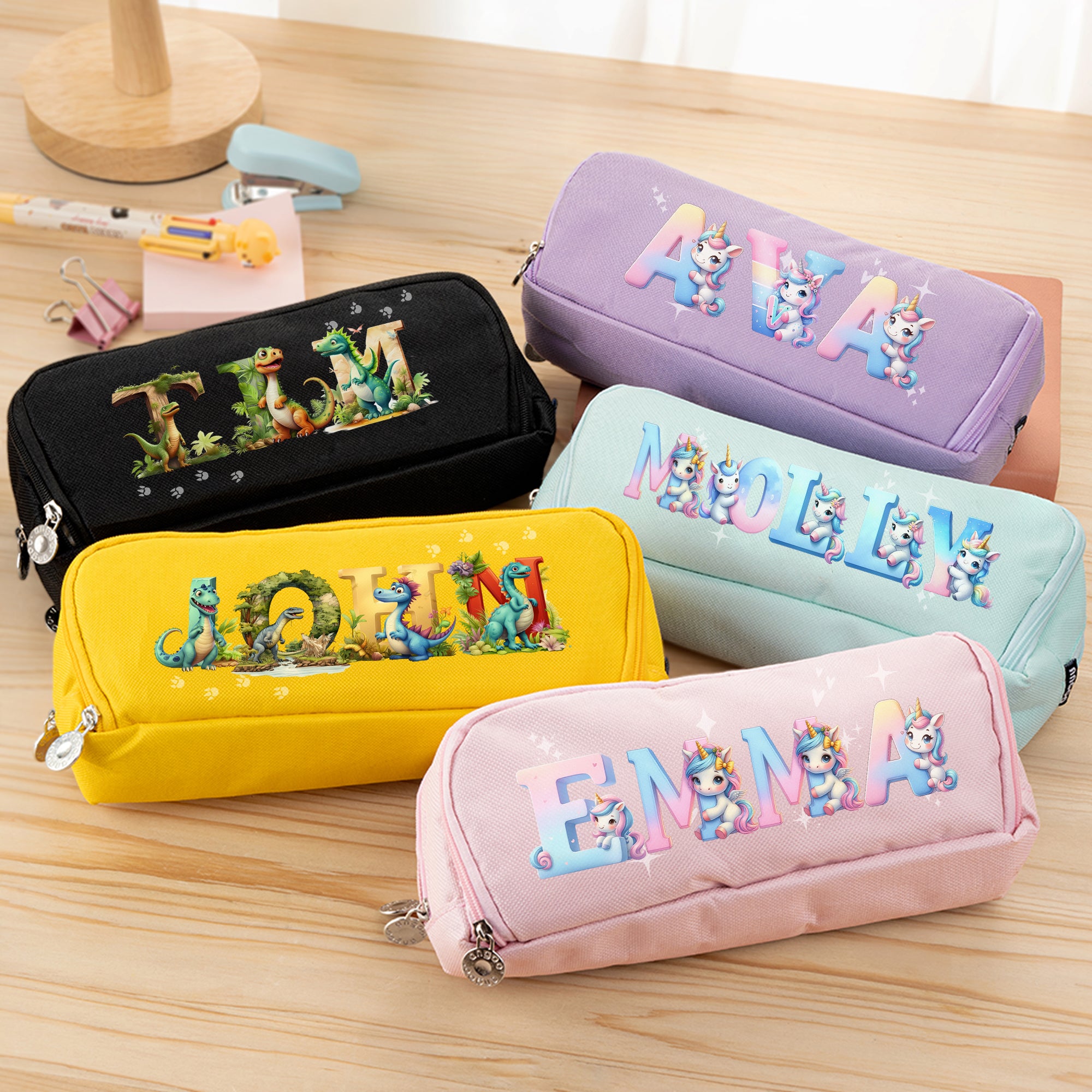 Estuche Personalizado Dinosaurio Fantasía Unicornio con Nombre Múltiples Compartimentos Material Escolar Vuelta al Cole Regalo de Cumpleaños para Niños