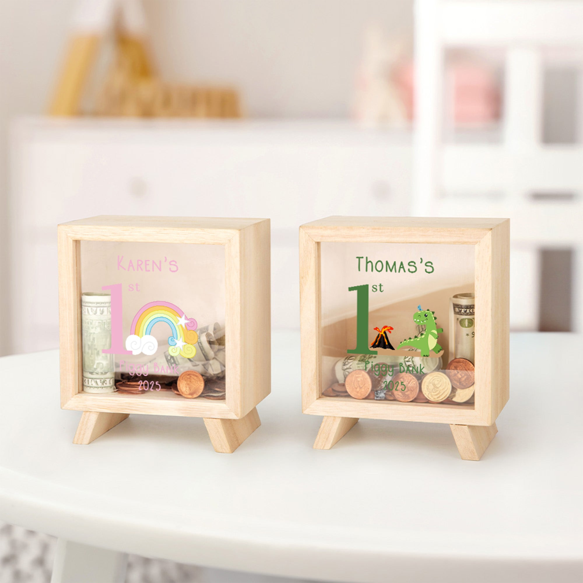 Personalizado lindo dinosaurio fantasía unicornio animales de dibujos animados hucha de madera alcancía con el nombre y el año de regreso a la escuela regalo de cumpleaños para los niños
