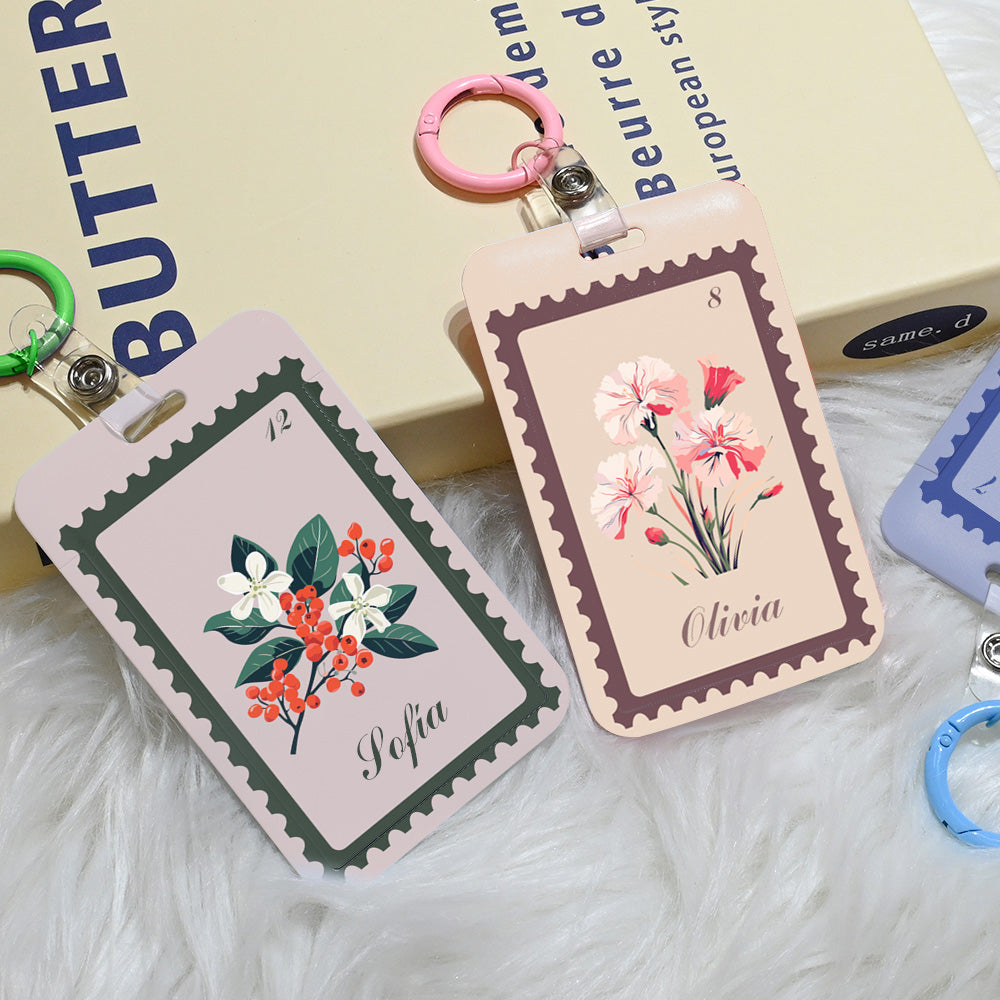 Portatarjetas con mosquetón personalizado con nombre fecha y flor de nacimiento impresión en estilo vintage accesorio para viaje regalo para mujeres