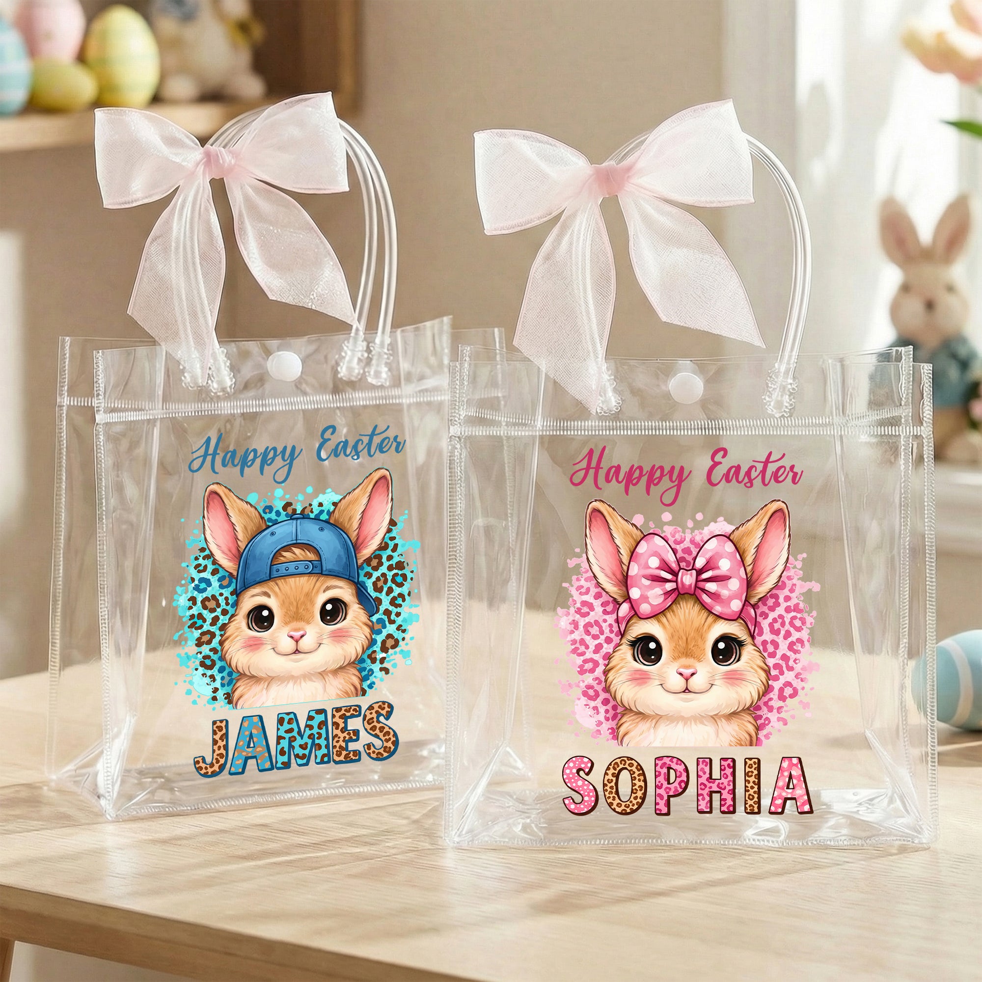 Personalizado Feliz Pascua lindo conejito rosa bolsa de regalo de Pascua de la cinta con el nombre de uso diario de Pascua de regalo para las niñas de la familia