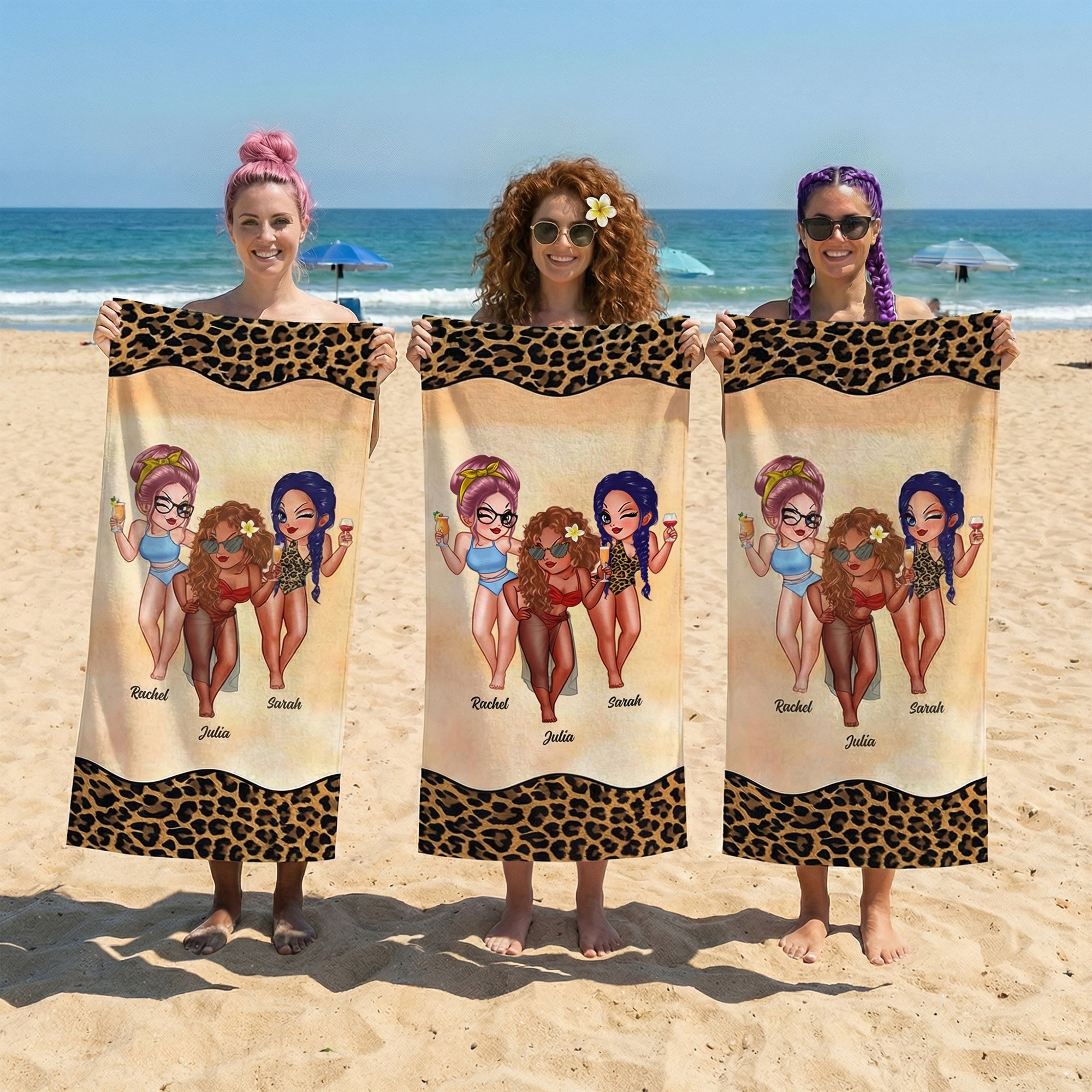 Toalla de playa personalizada con el nombre de un personaje de dibujos animados de leopardo de gran tamaño y secado rápido Fiesta en la playa Regalo de cumpleaños para mujer Mejor amiga