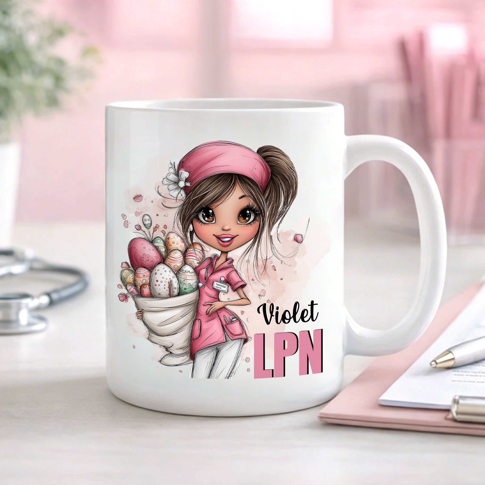 Huevos personalizados de Pascua de la enfermera de dibujos animados 11 oz 15 oz Taza de cerámica con el nombre y la ocupación de Pascua Apreciación Regalo para la enfermera Trabajador de la Salud