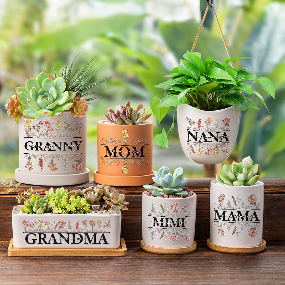 Maceta de Cerámica Personalizada 1-12 Flores de Nacimiento con Drenaje y Base de Bambú Regalo de Cumpleaños Día de la Madre para Mamá Abuela