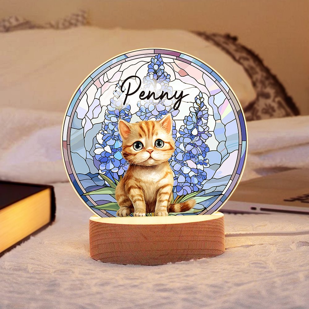 Retrato Personalizado de Mascota Vidriera Flor de Nacimiento Acrílico LED Luz de Noche con Nombre y Base de Madera Pet Memorial Birthday Gift for Pet Owner