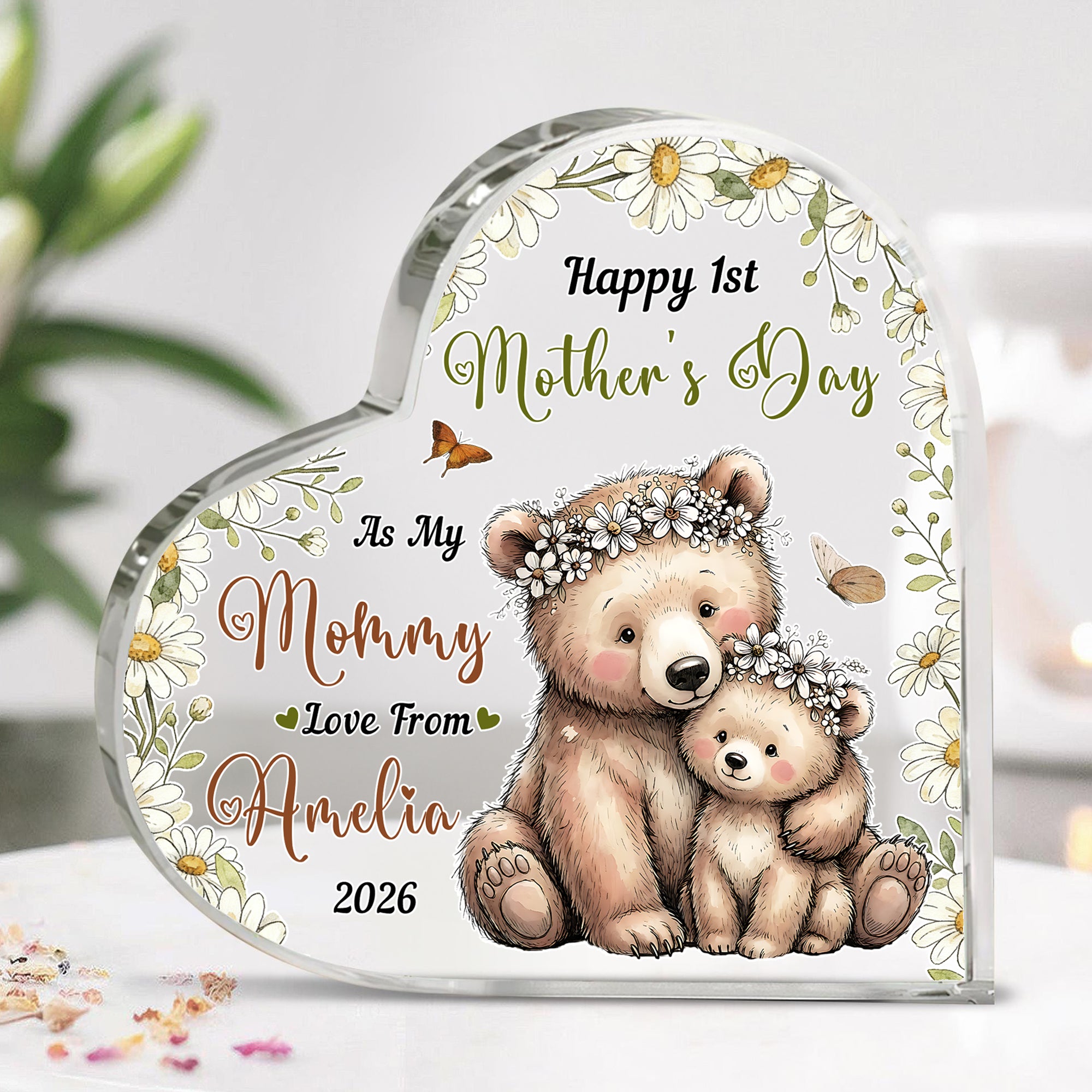 Placa acrílica de corazón de animal de dibujos animados personalizada para padres e hijos con nombre y año Decoración del hogar Regalo de cumpleaños del Día de la Madre para la nueva mamá