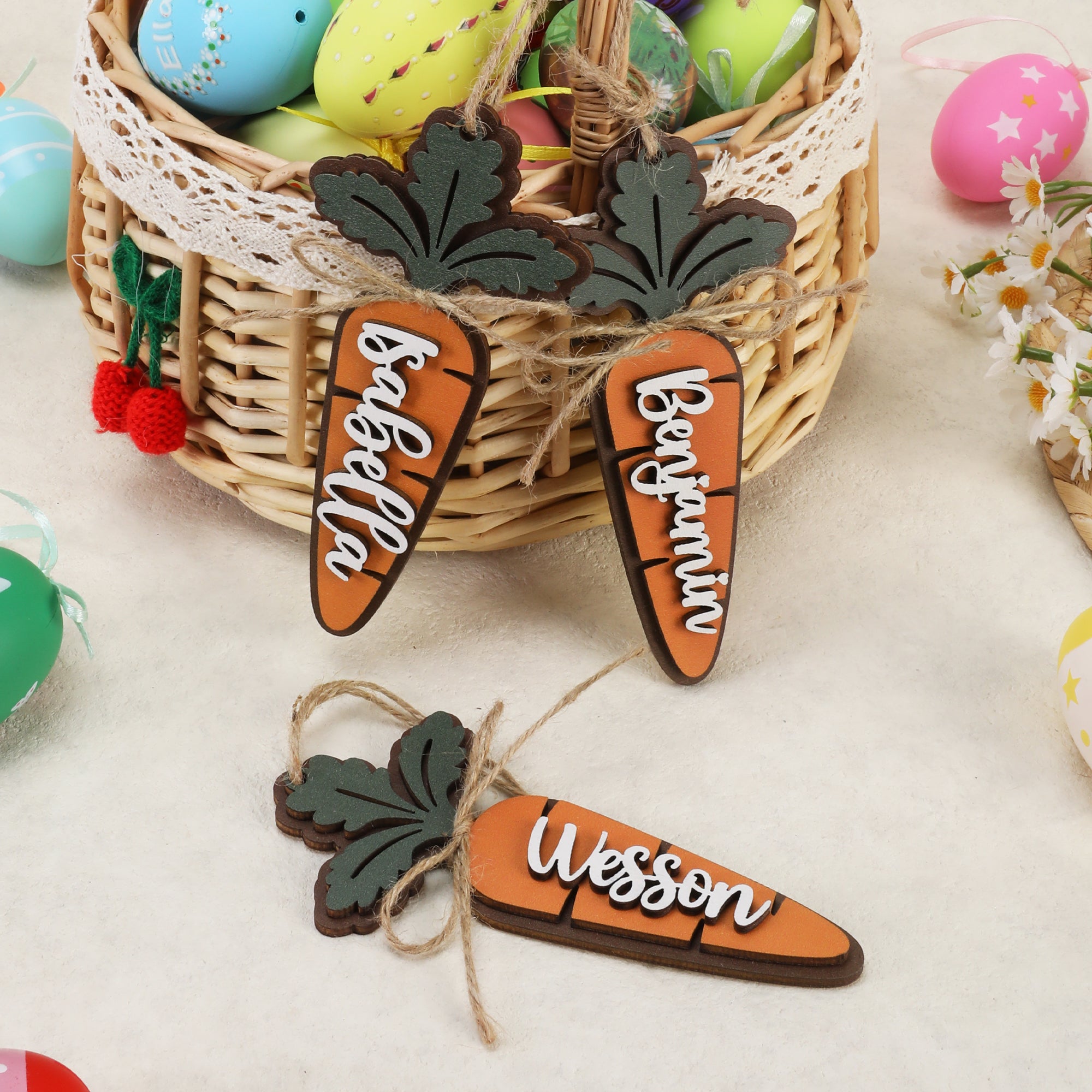 Etiqueta personalizada de madera con nombre en forma de zanahoria Cesta de Pascua de regalo para niños Niñas