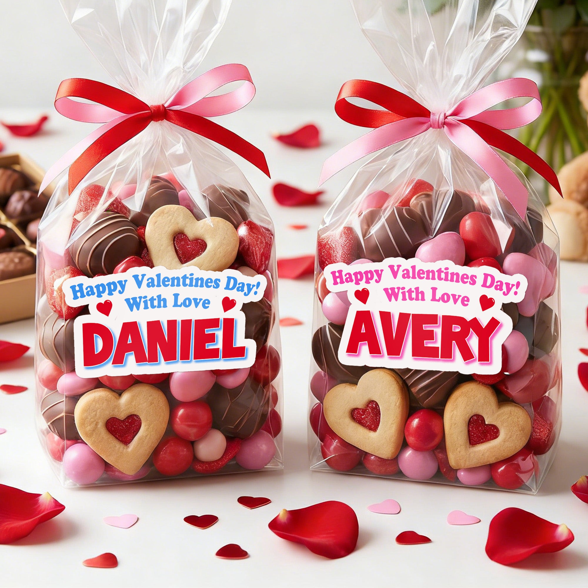 Personalizado Feliz Día de San Valentín a prueba de agua pegatinas con el nombre de la clase de intercambio de favores del partido del día de San Valentín regalo Deocr para los niños de pareja