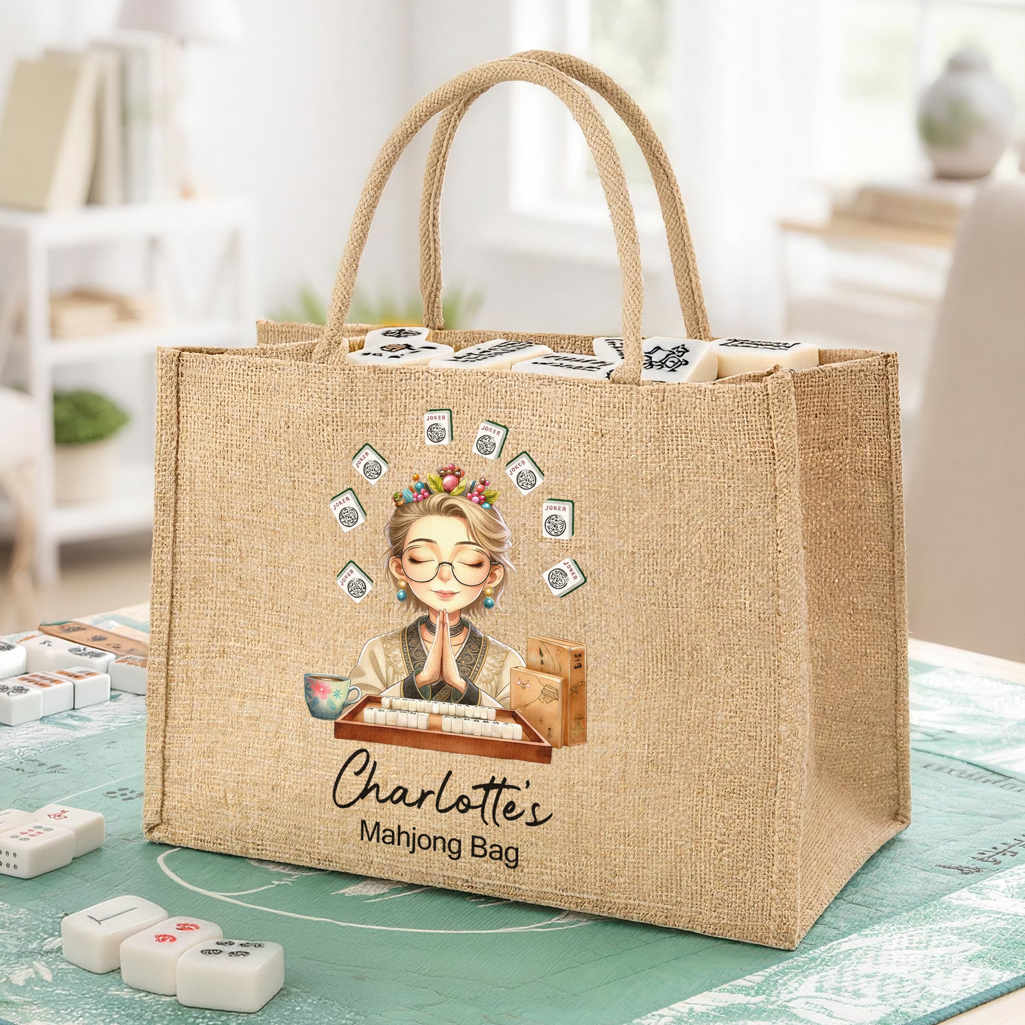 Bolsa de yute personalizada de gran capacidad con nombre de un personaje de Mahjong de dibujos animados Regalo del club de Mahjong de uso diario para la familia Amigos Entusiastas del Mahjong