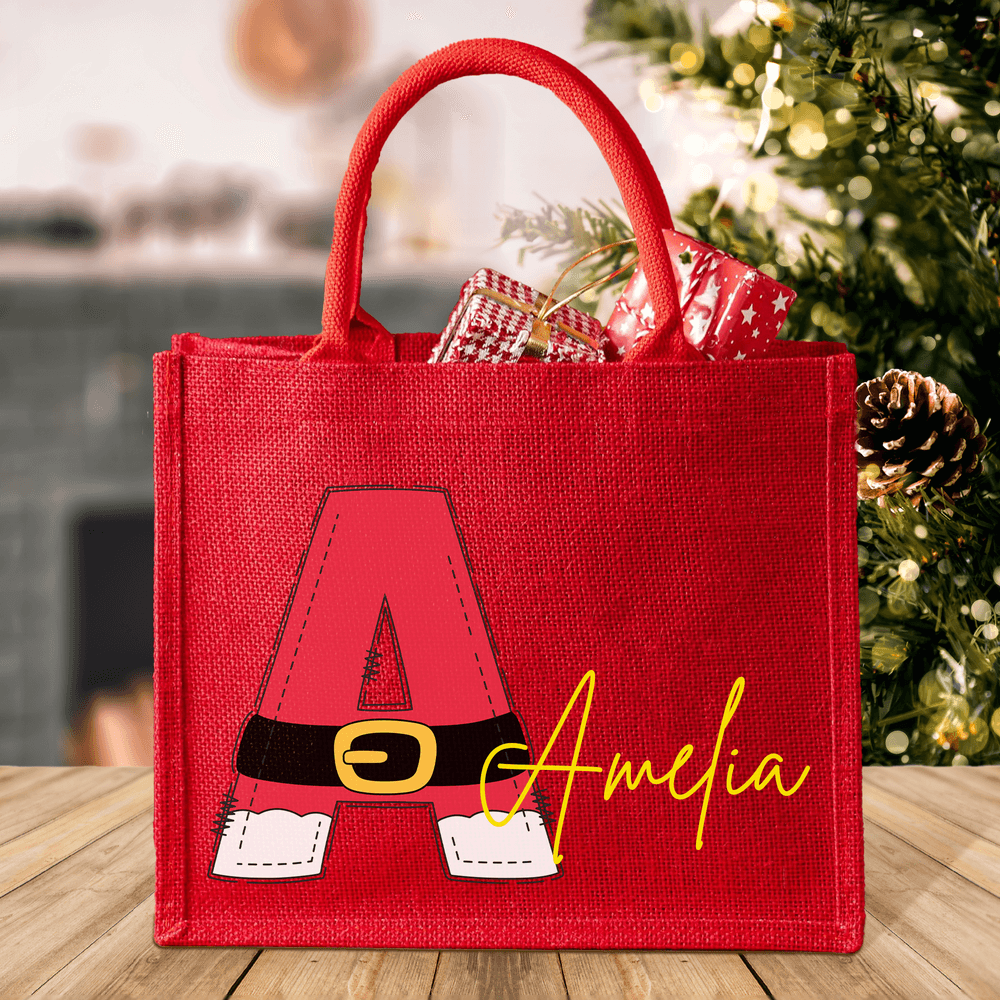 Papá Noel personalizado Bolsa de yute roja reutilizable con inicial y nombre Fiesta de Navidad Regalo para la familia Niños