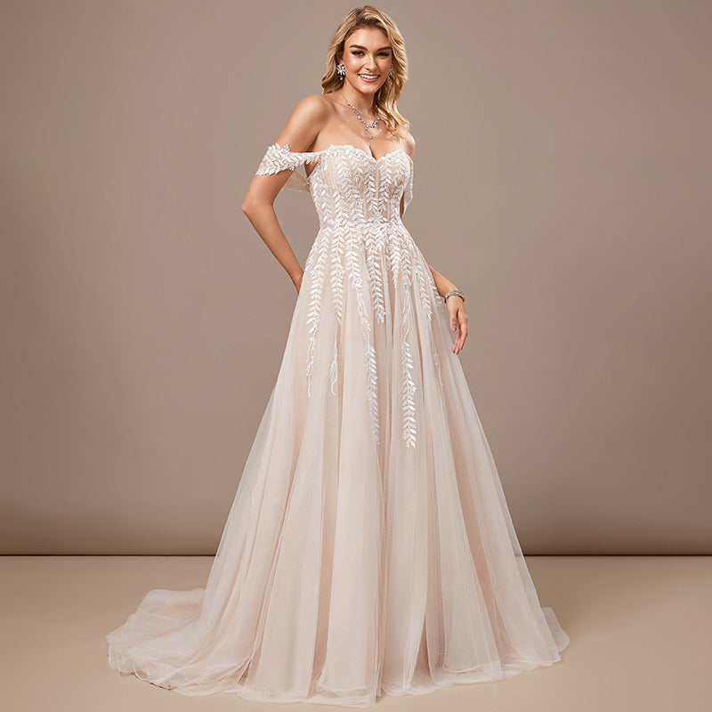 Bridal Wedding Dress Ivory-Nude Sleeveless Long Off the Shoulder Ball-Gown Princess