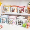 Conejito de Pascua personalizado Taza esmaltada de 12 oz con borde de color con nombre e inicial Regalo de Pascua de uso diario para la familia y los niños
