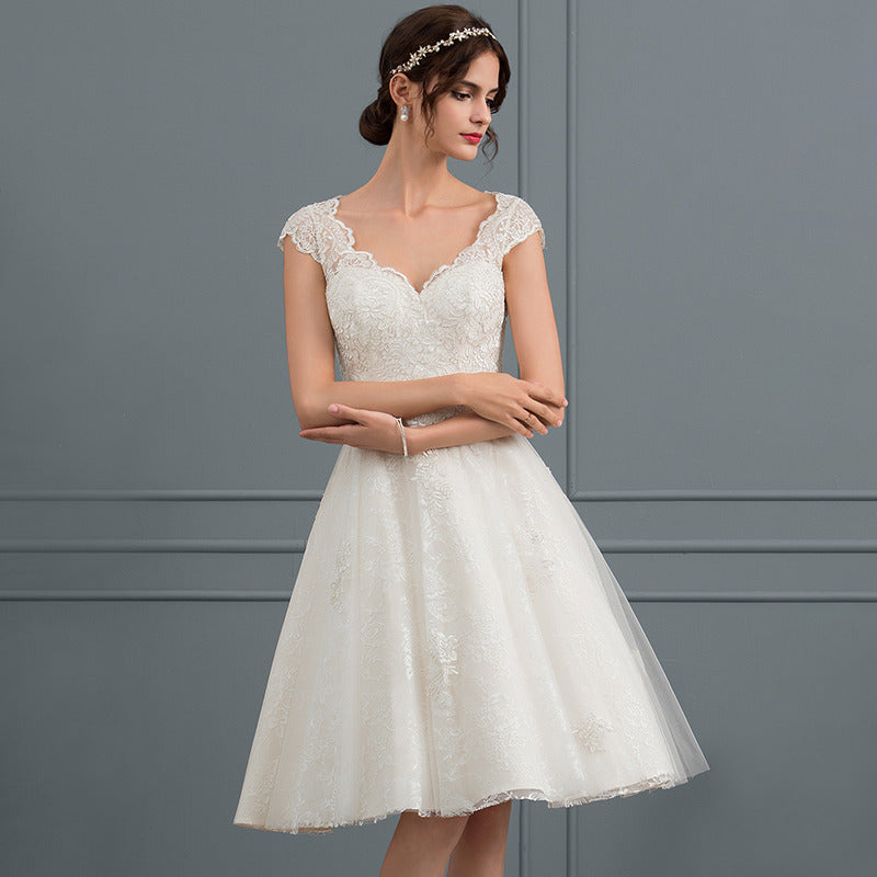 Bridal Wedding Dress White Cap Sleeve Short V-Neck A-line