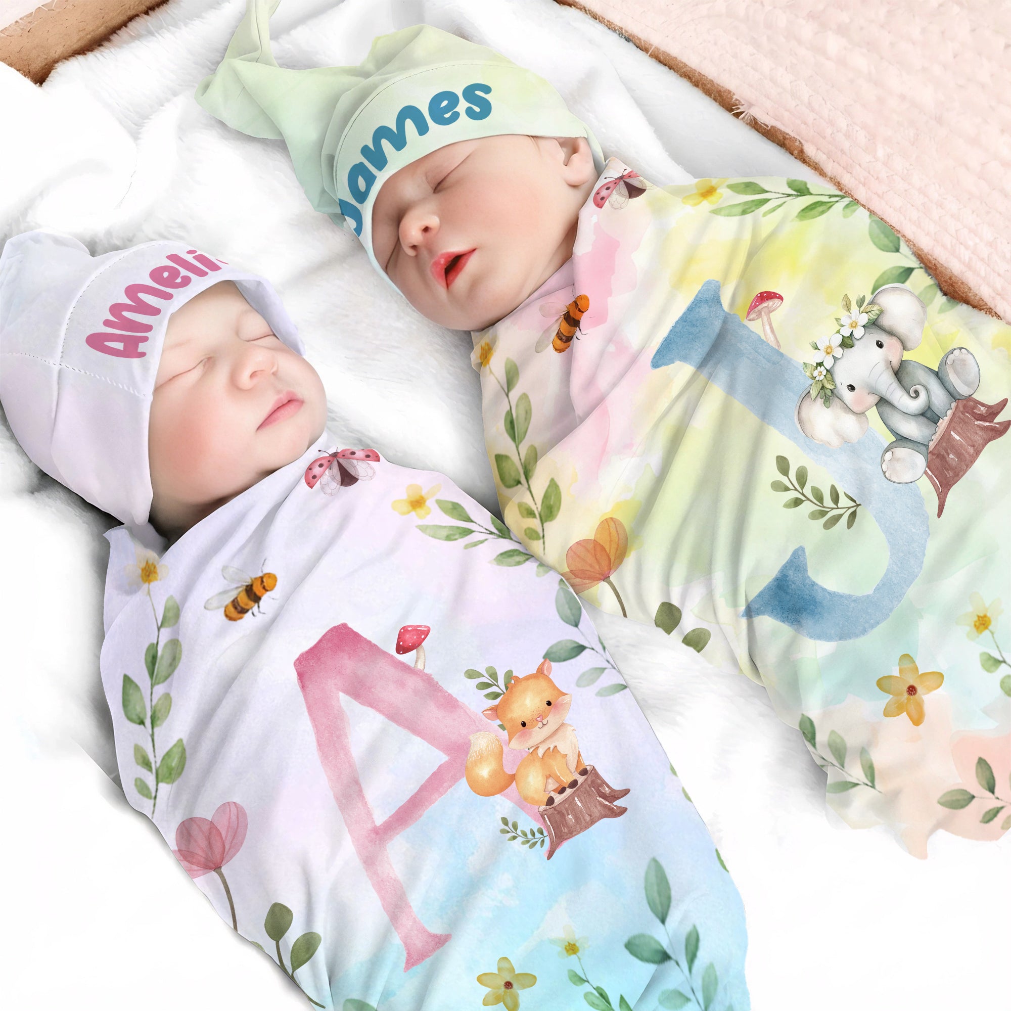 Set de manta y gorro personalizados de algodón 100% con guirnalda de flores y animales con nombre Regalo de cumpleaños para baby shower para recién nacidos