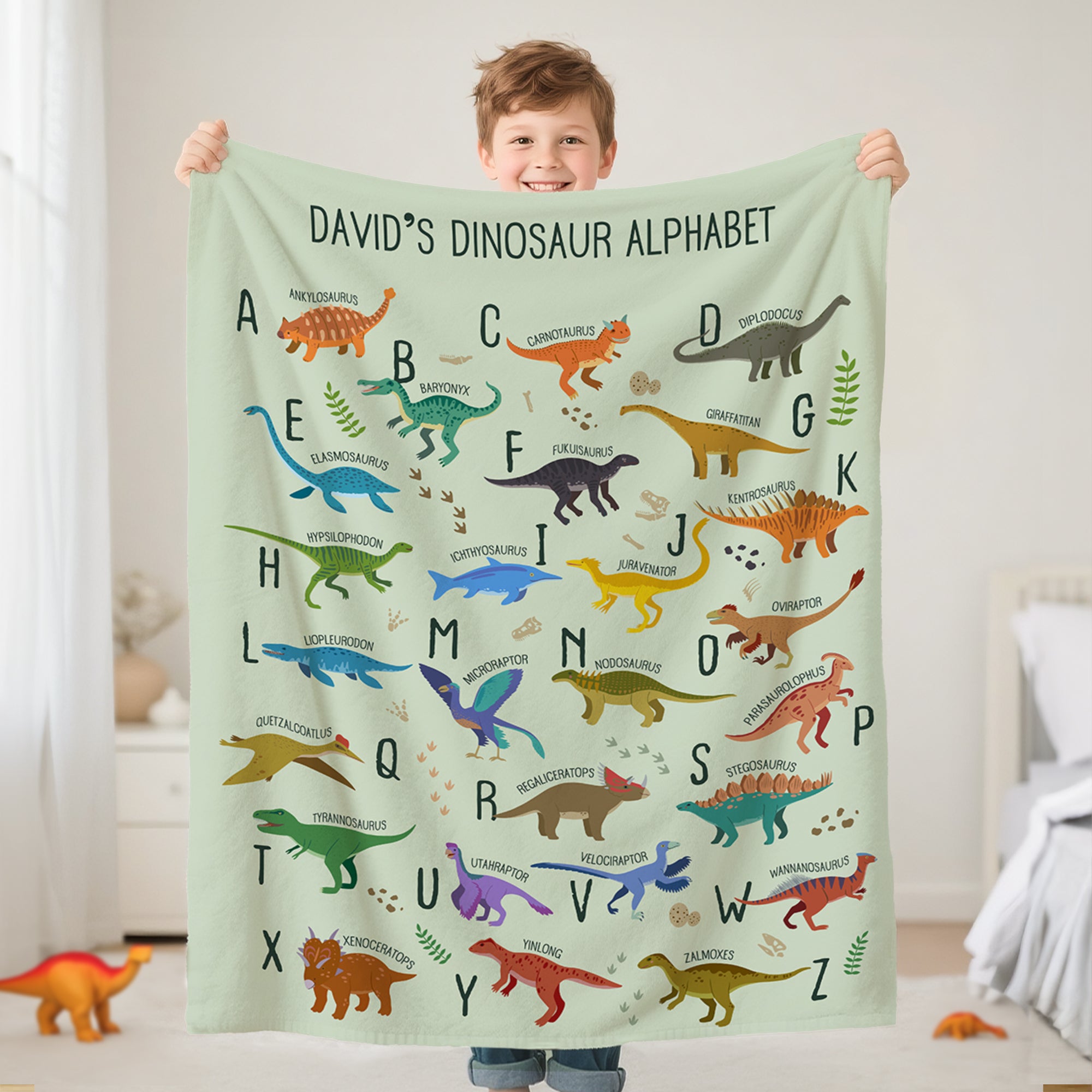 Alfabeto de dinosaurio multicolor personalizado Manta suave con nombre Regalo de cumpleaños de Navidad para niños pequeños Niños