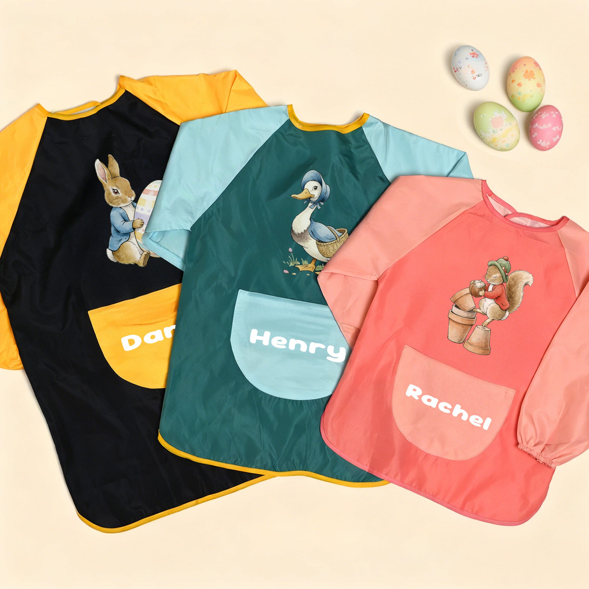 Peter Rabbit Egg Duck Sheep Delantal impermeable de manga larga con nombre y bolsillo para actividades al aire libre Regalo de Pascua para niños