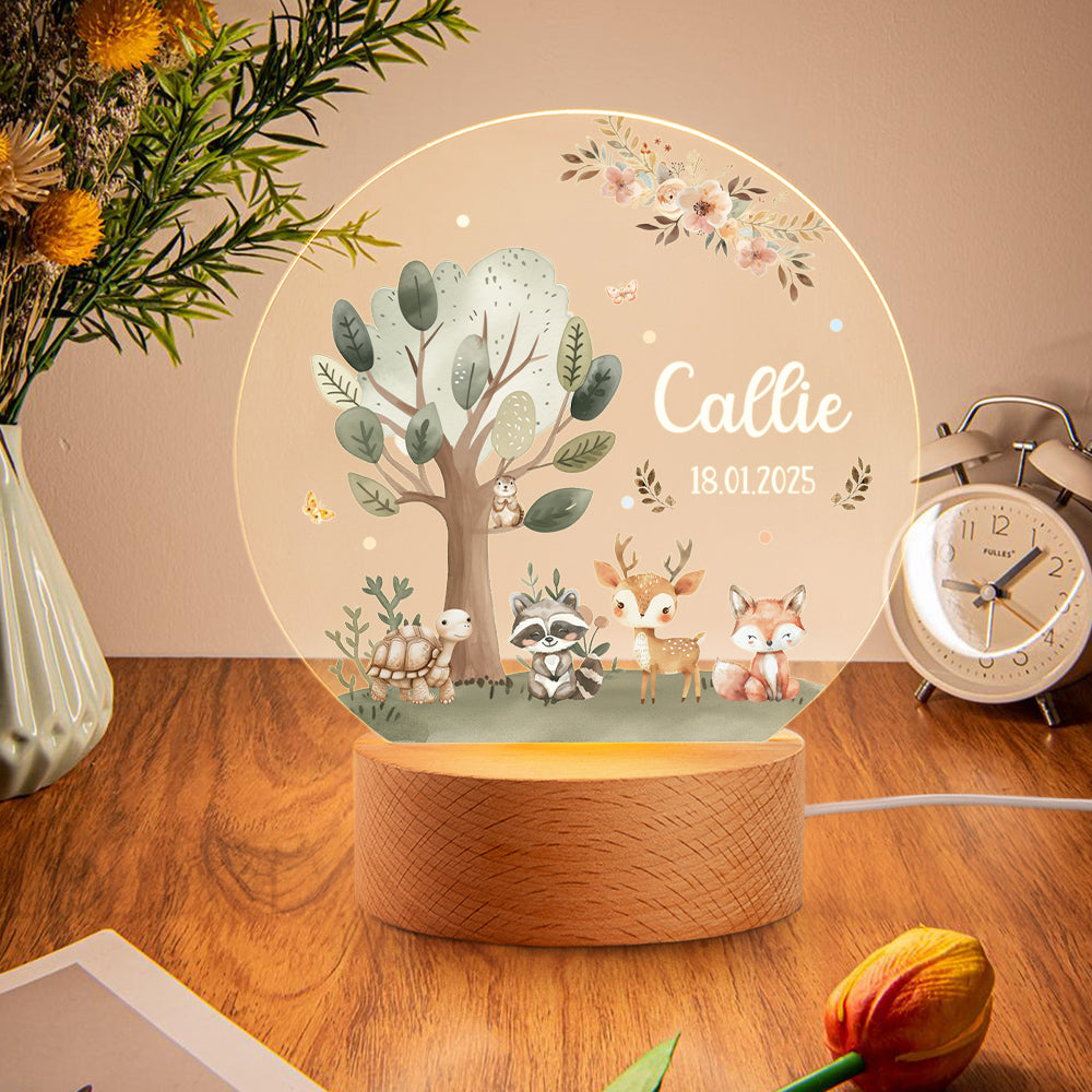 Personalizado lindo zorro ciervo tortuga bosque animal LED luz de noche con nombre y base de madera decoración de la guardería cumpleaños Baby Shower regalo para los niños