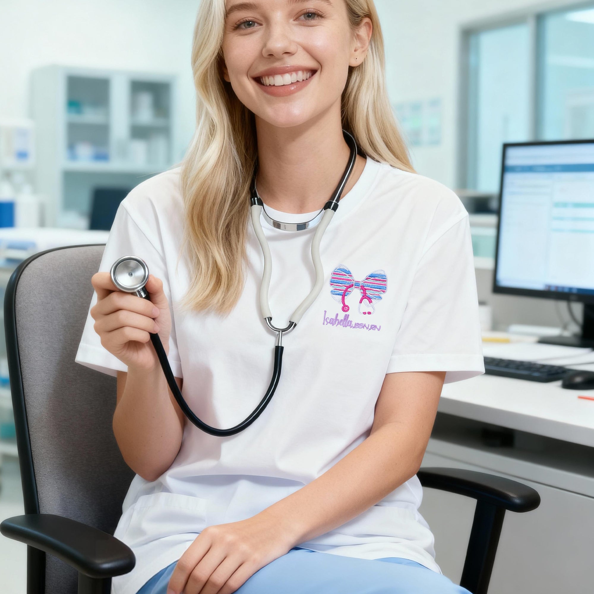 Personalizada Enfermera UCIN Multi-Color Lazo bordado Estetoscopio Camiseta Sudadera con cremallera Sudadera con capucha con nombre Nurses Day Gift for Medical Staff