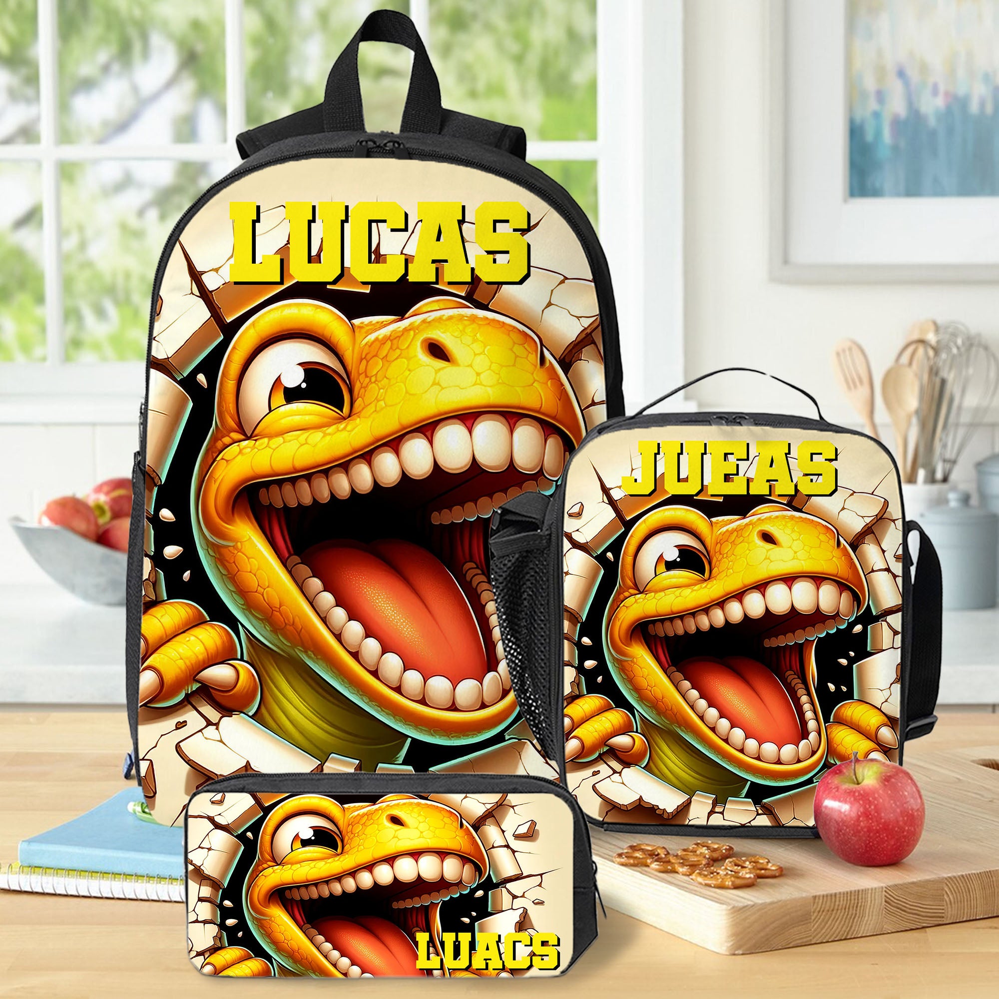 Personalizado lindo 3D de dibujos animados de dinosaurios Mochila Bolsa de almuerzo Estuche con nombre de vuelta a la escuela Regalo de cumpleaños para niños Niñas
